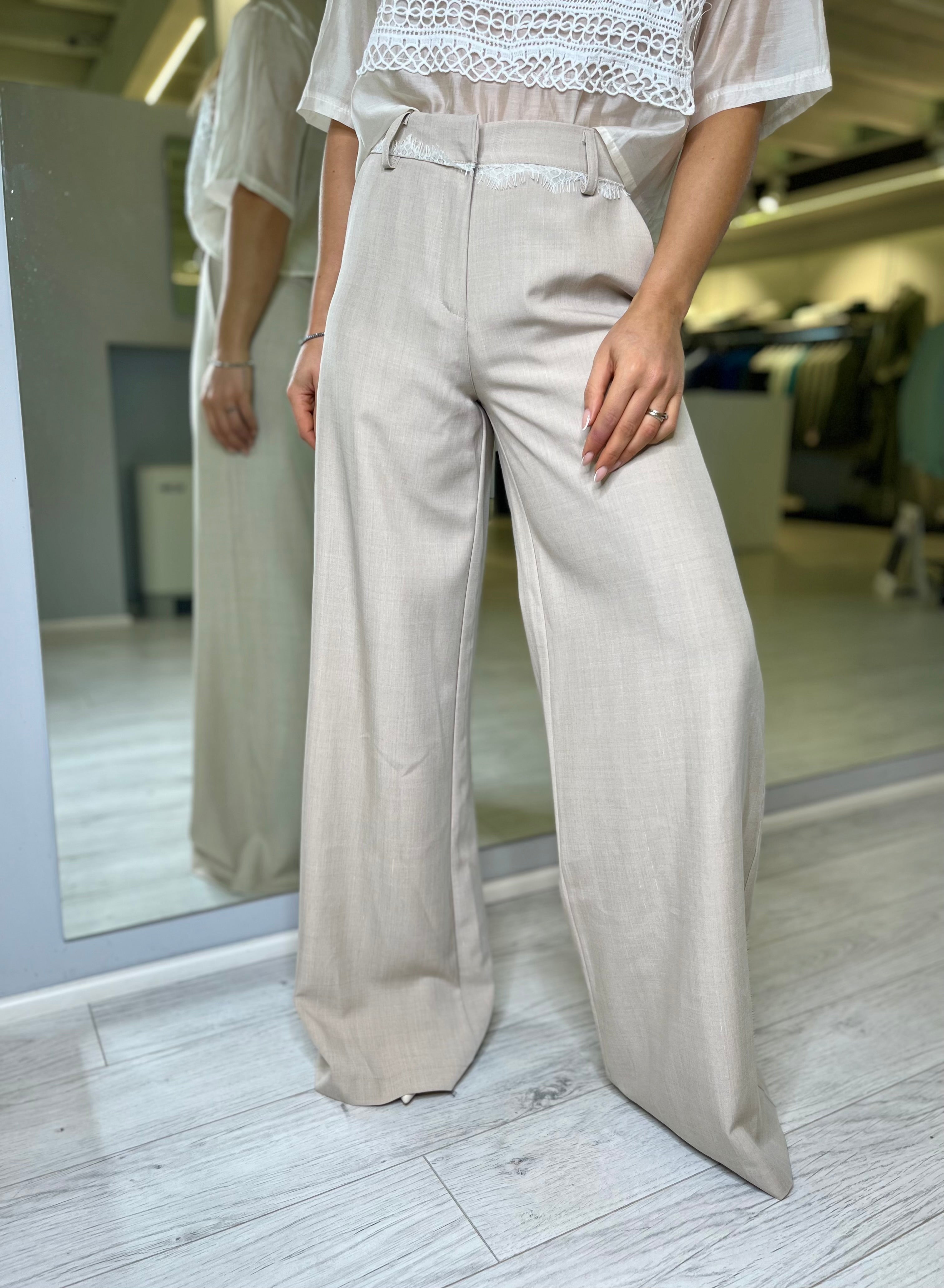 Pantalone palazzo sabbia con pizzo