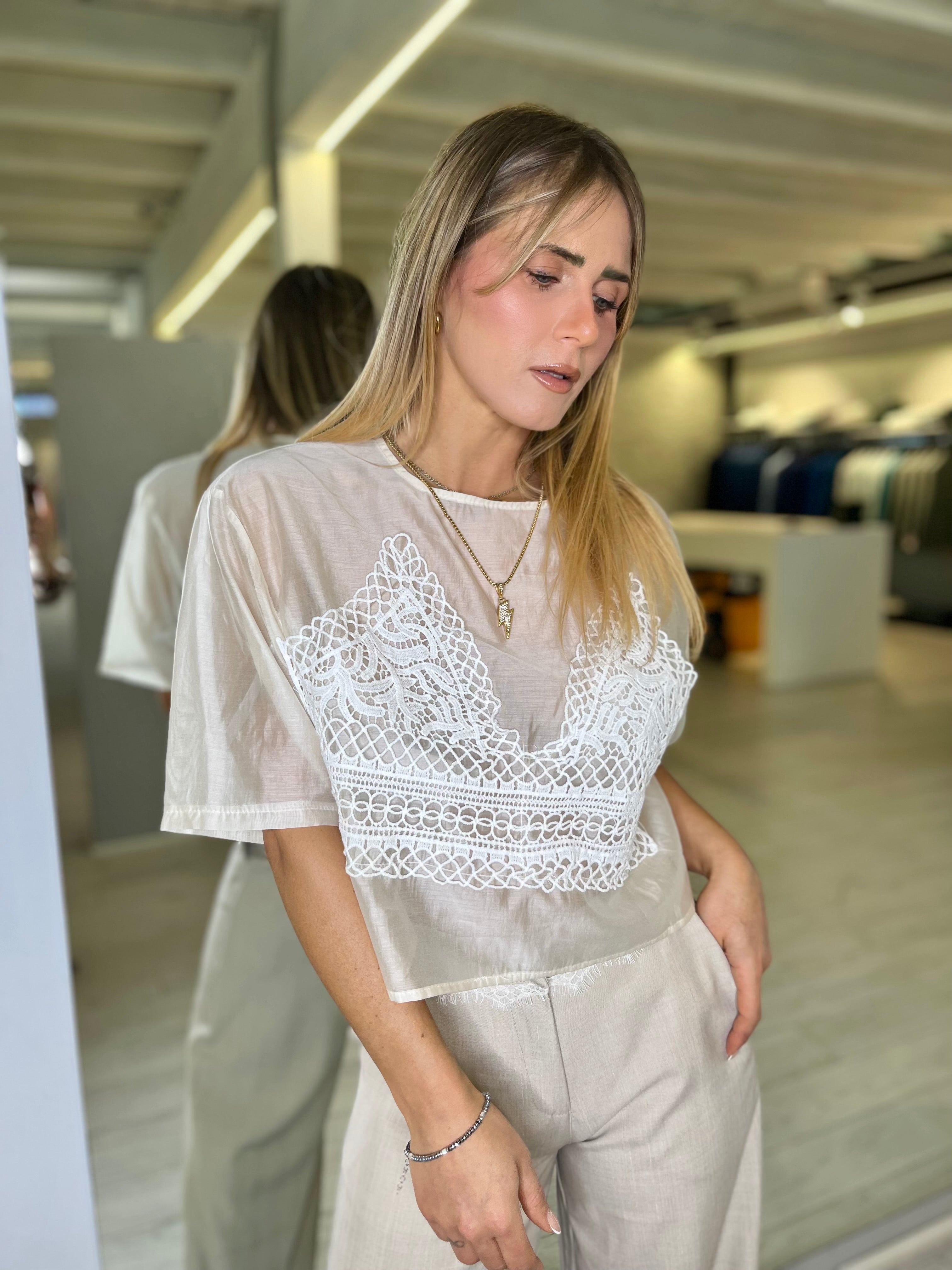 T-shirt mezza manica con pizzo