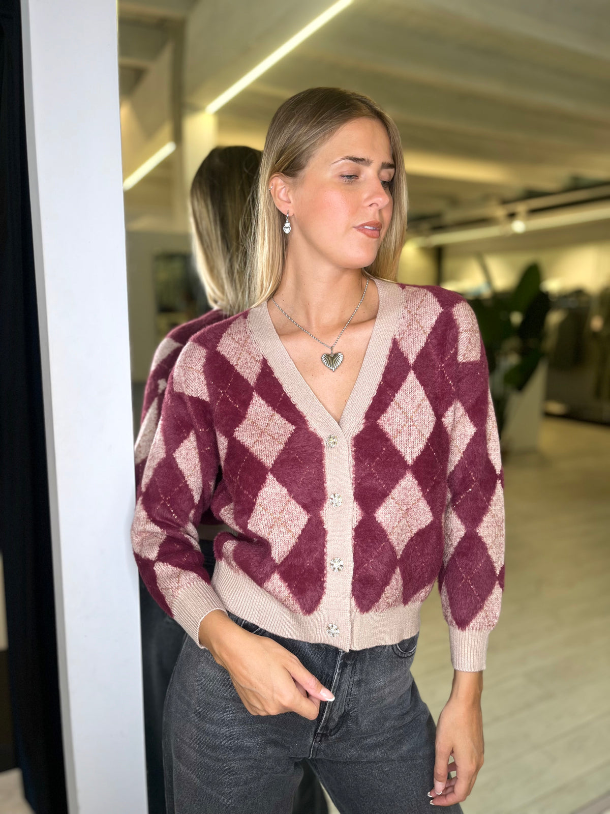 Cardigan rombi effetto pelo