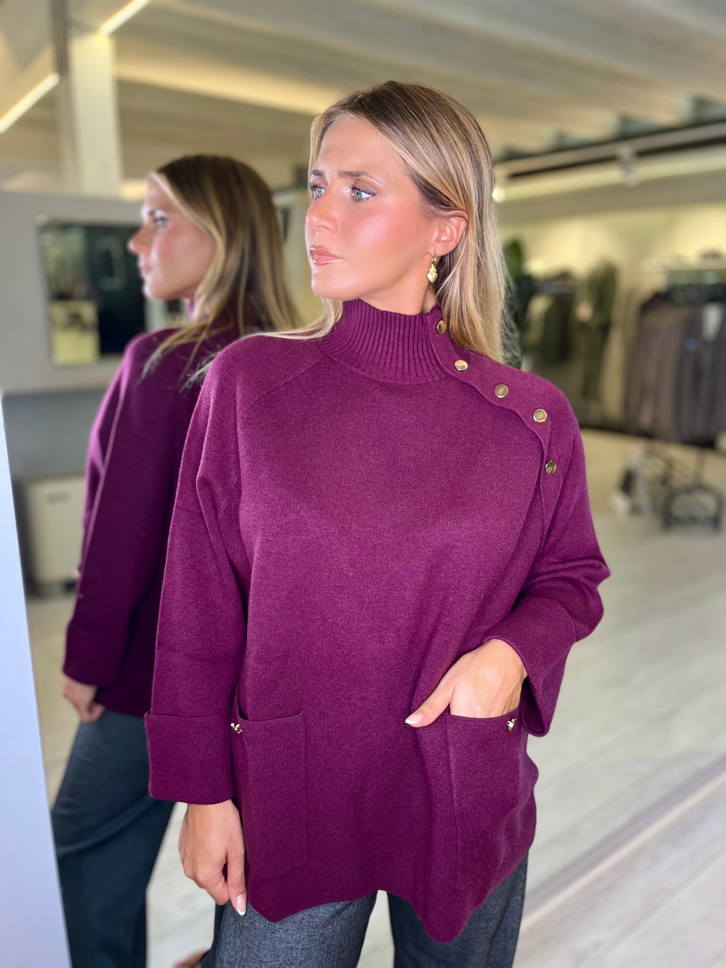 Maglia lupetto bordeaux con tasca e bottoni