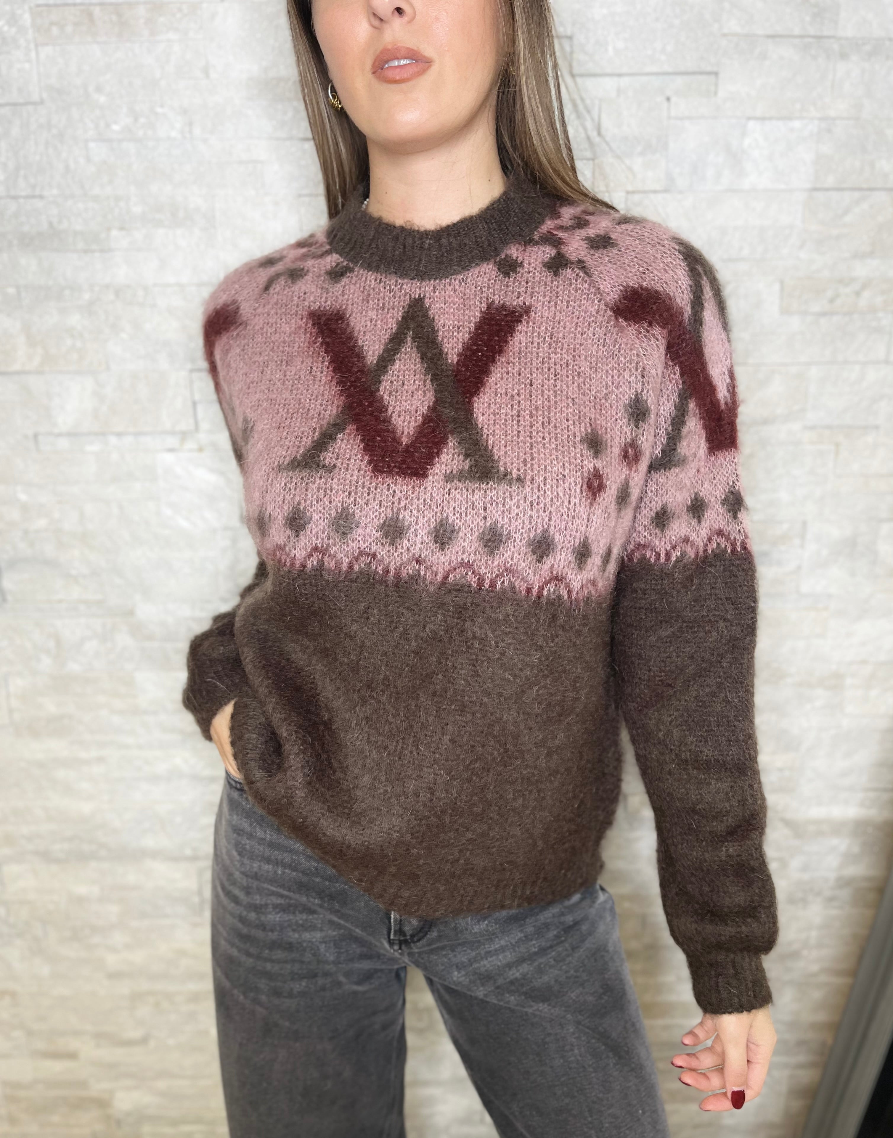 Maglia girocollo con stampa rosa, moro e bordeaux