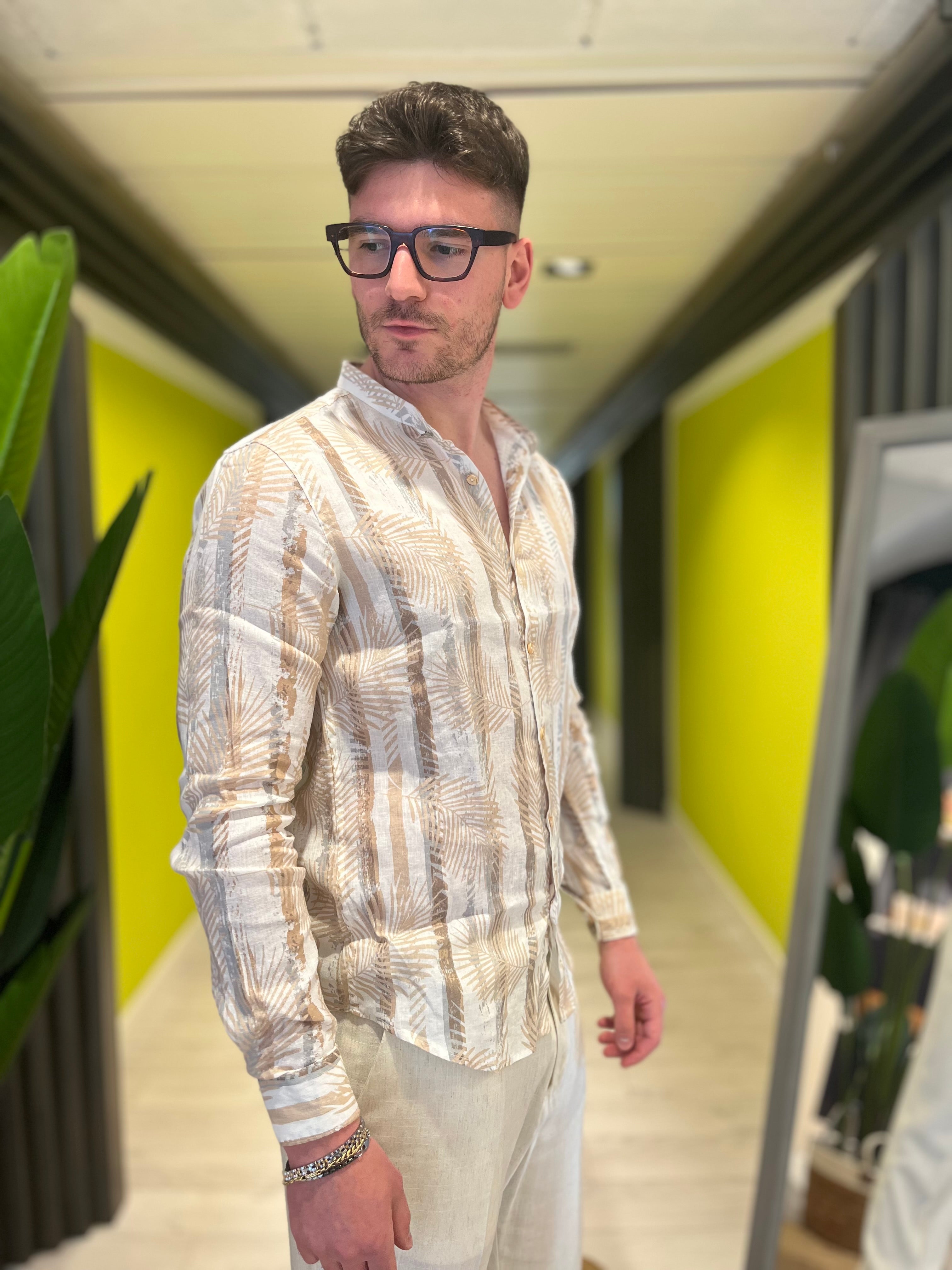 Camicia coreana in lino con stampa