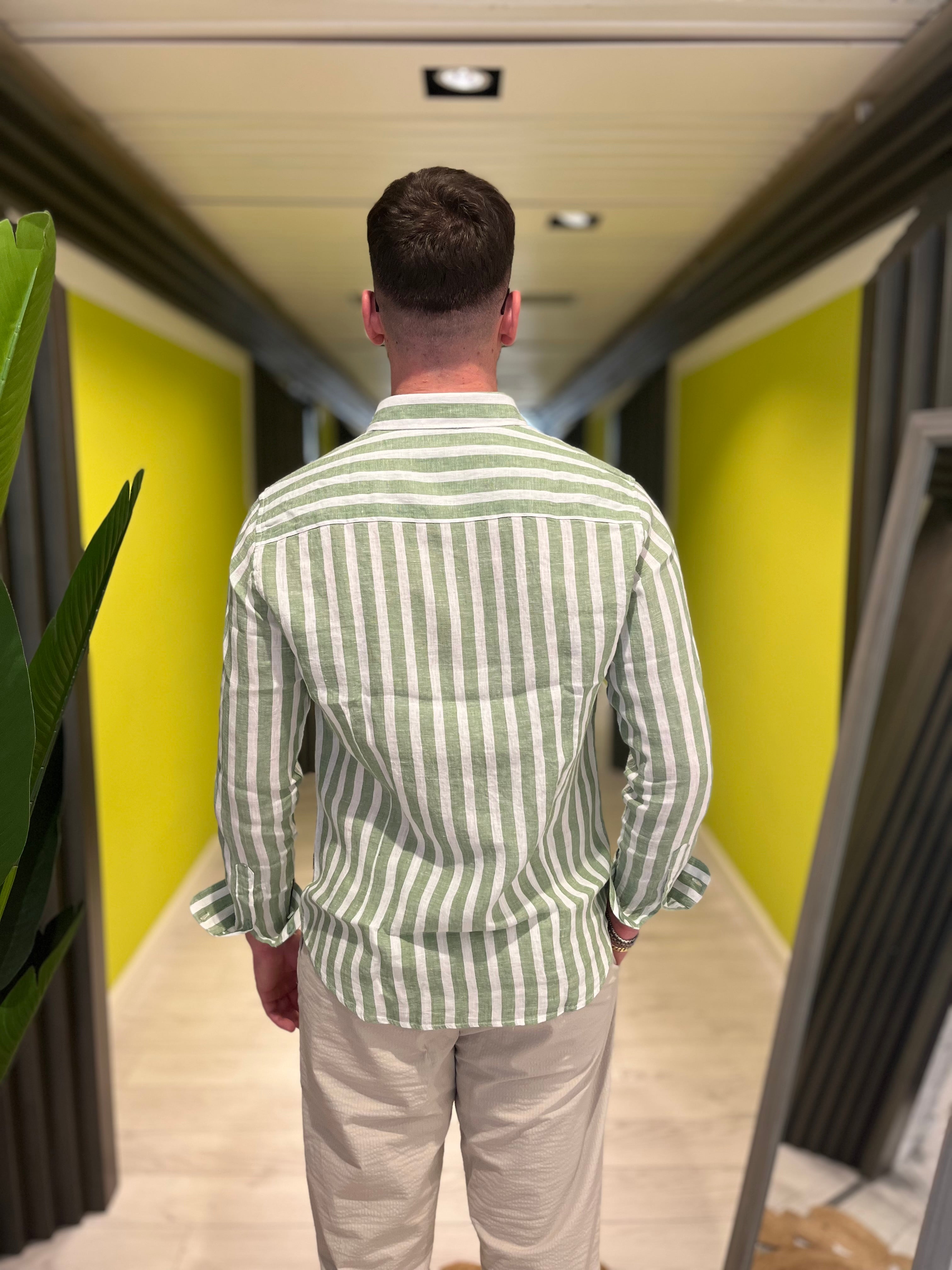 Camicia a righe in lino green