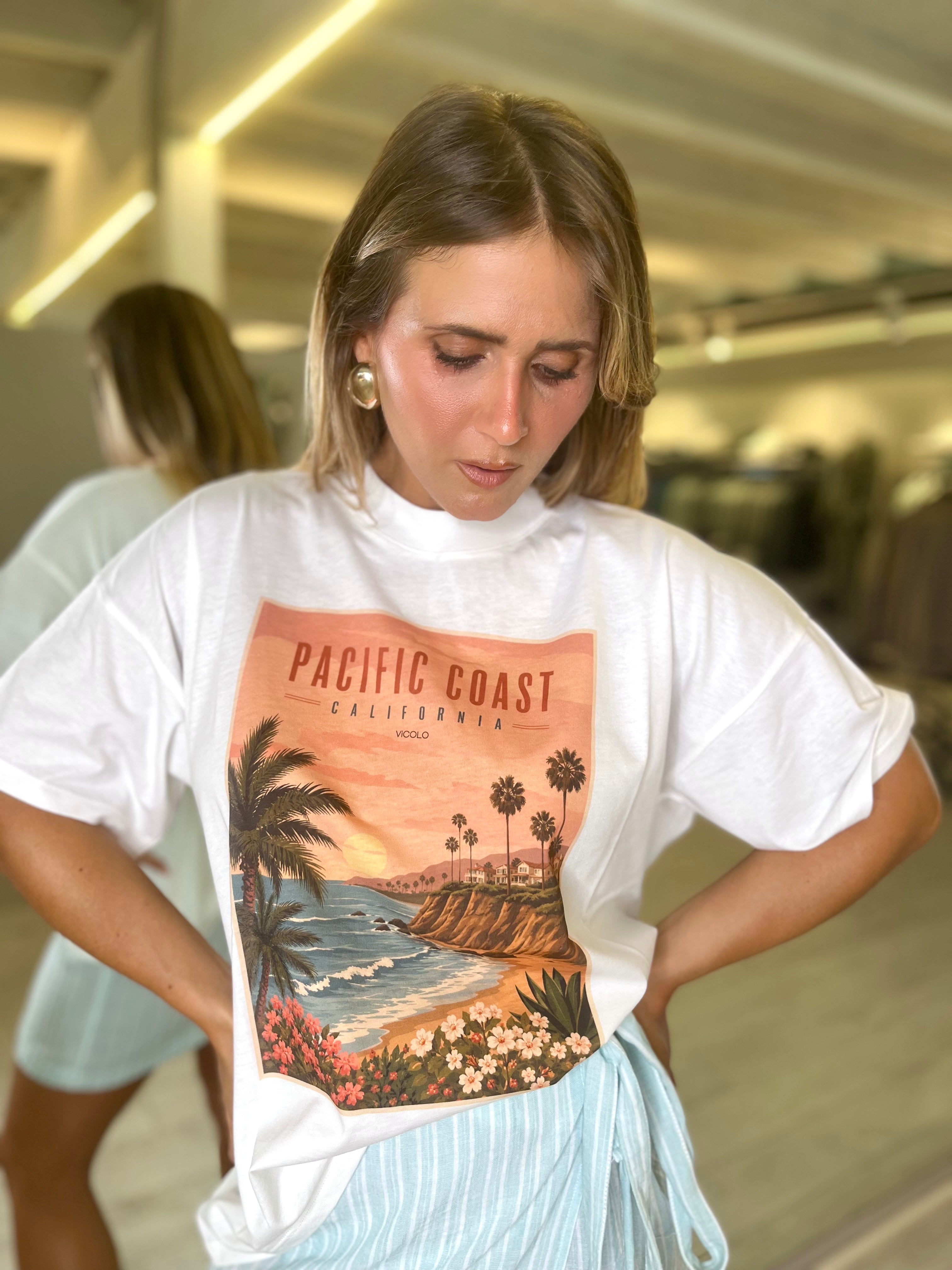 T-shirt bianca con stampa pacific coast california