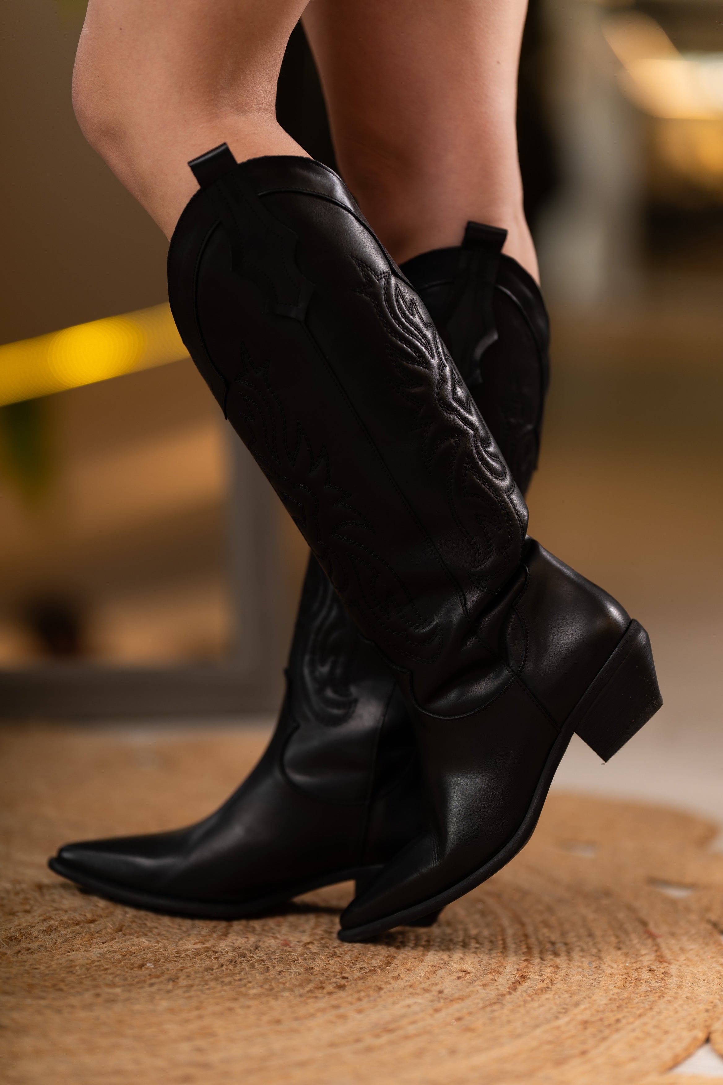 Texano nero in pelle di vitello