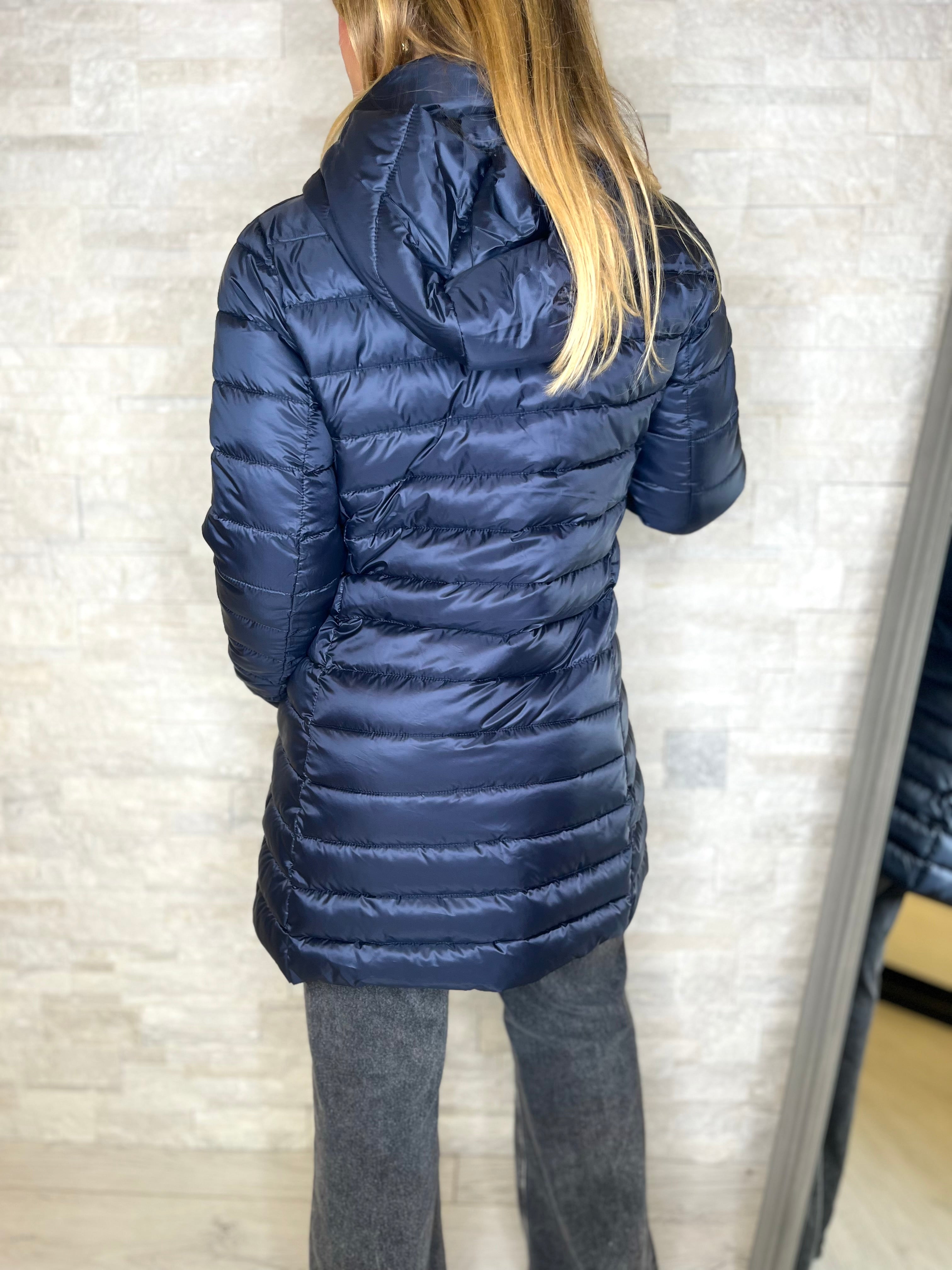 Piumino lungo blu navy