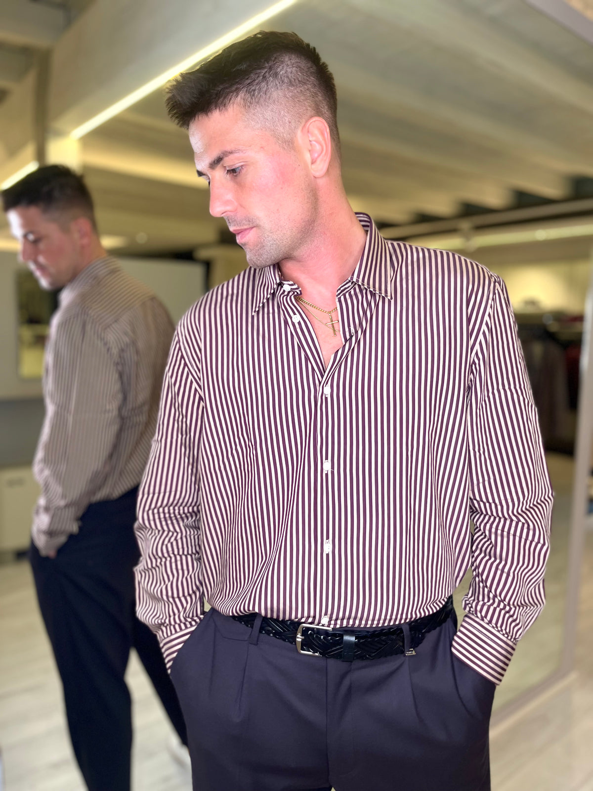 Camicia rigata bordeaux e beige