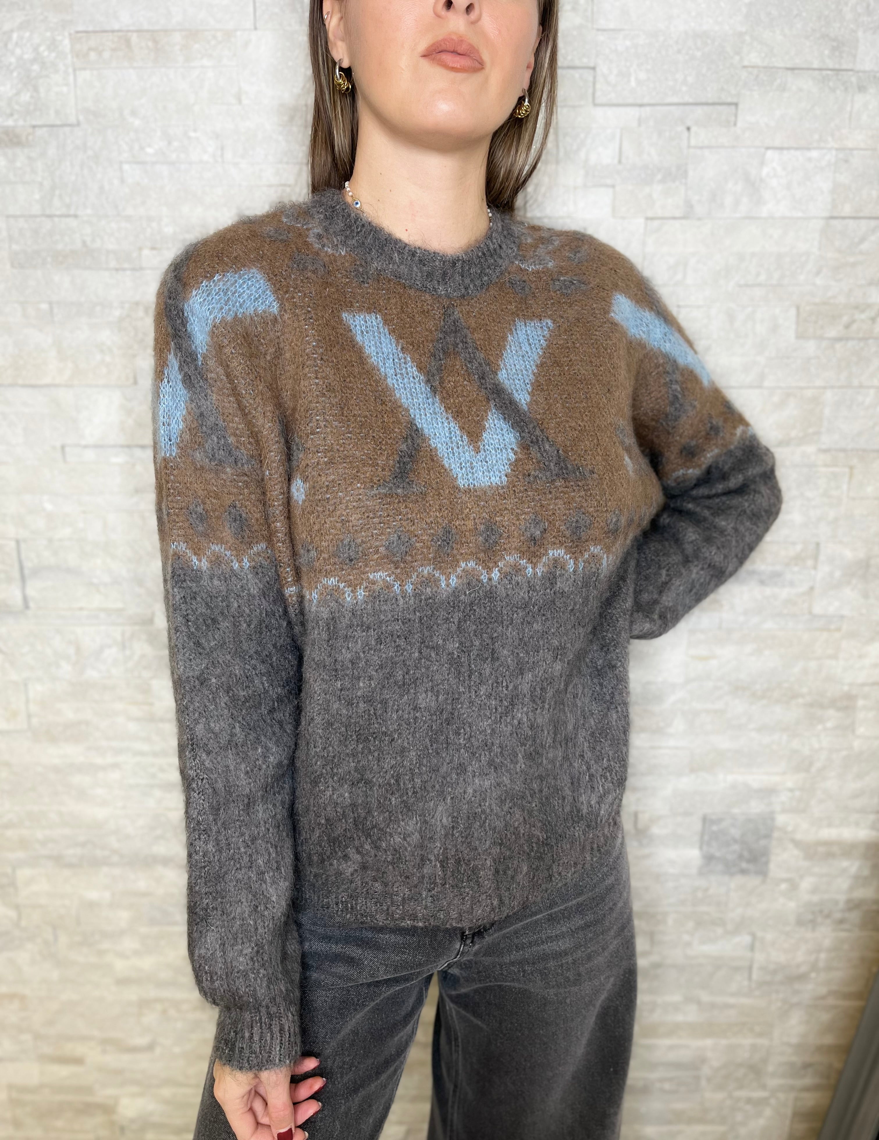 Maglia girocollo con stampa azzurro, moro e grigio