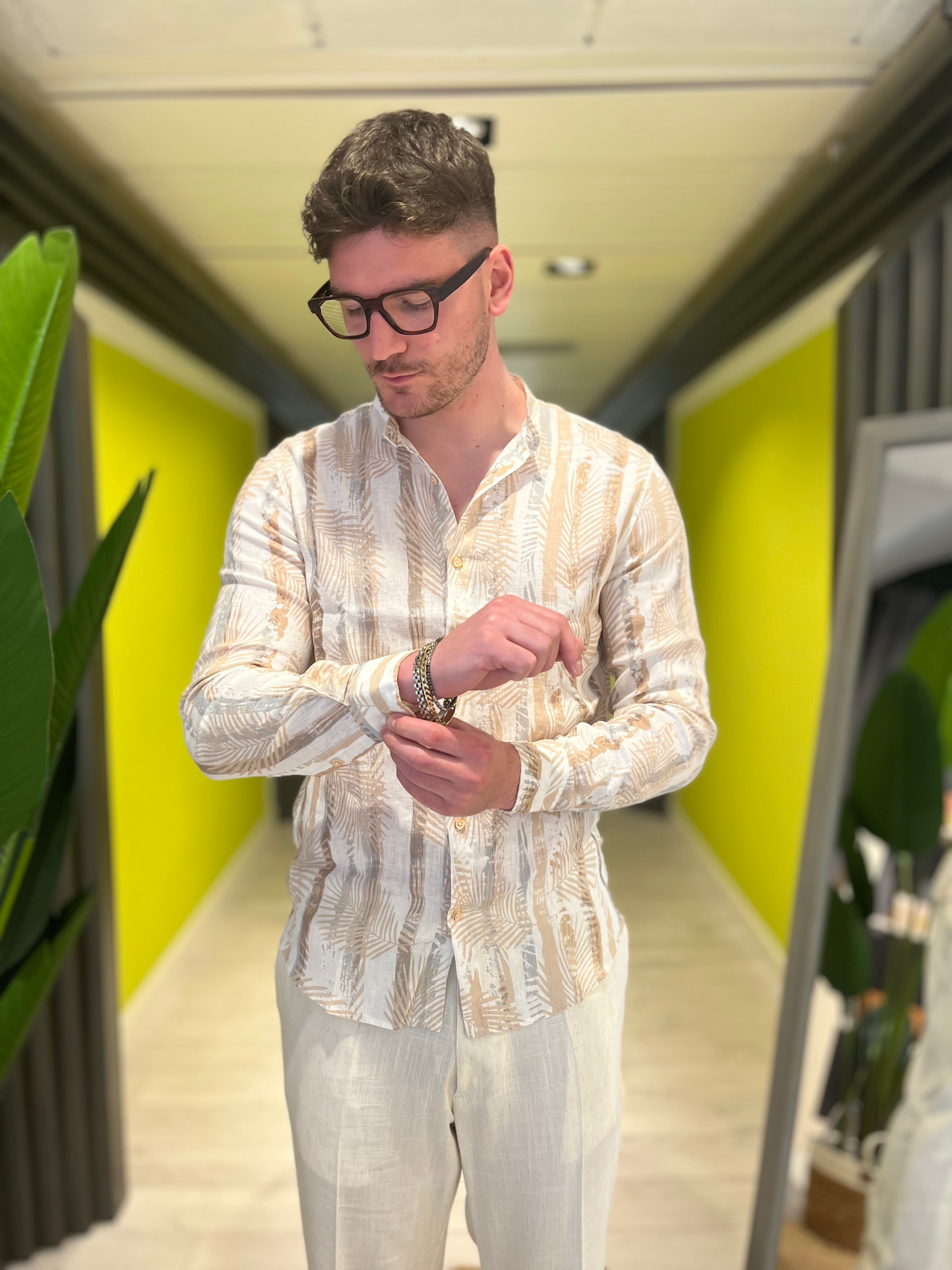 Camicia coreana in lino con stampa