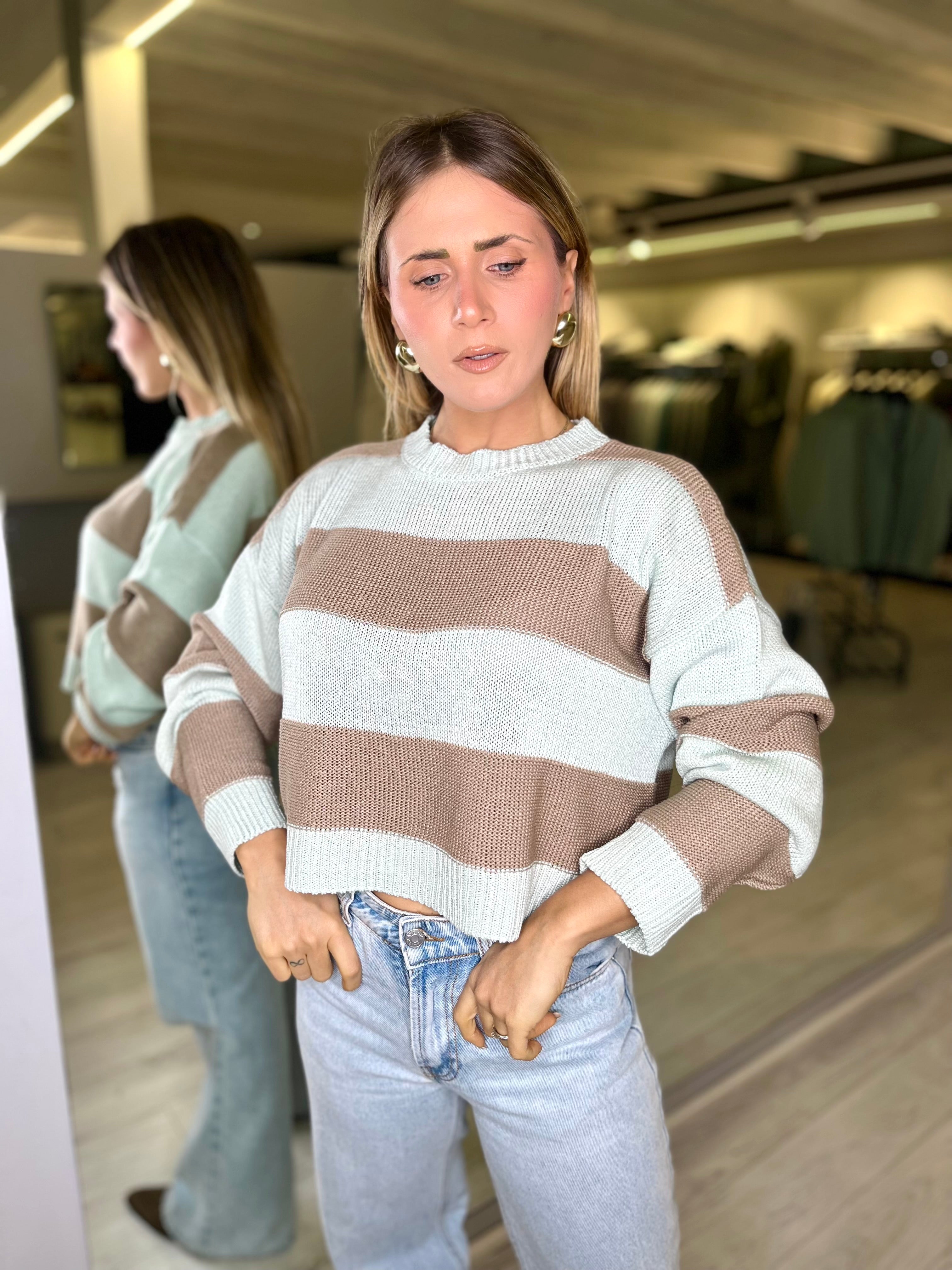 Maglia a righe azzurra e nocciola