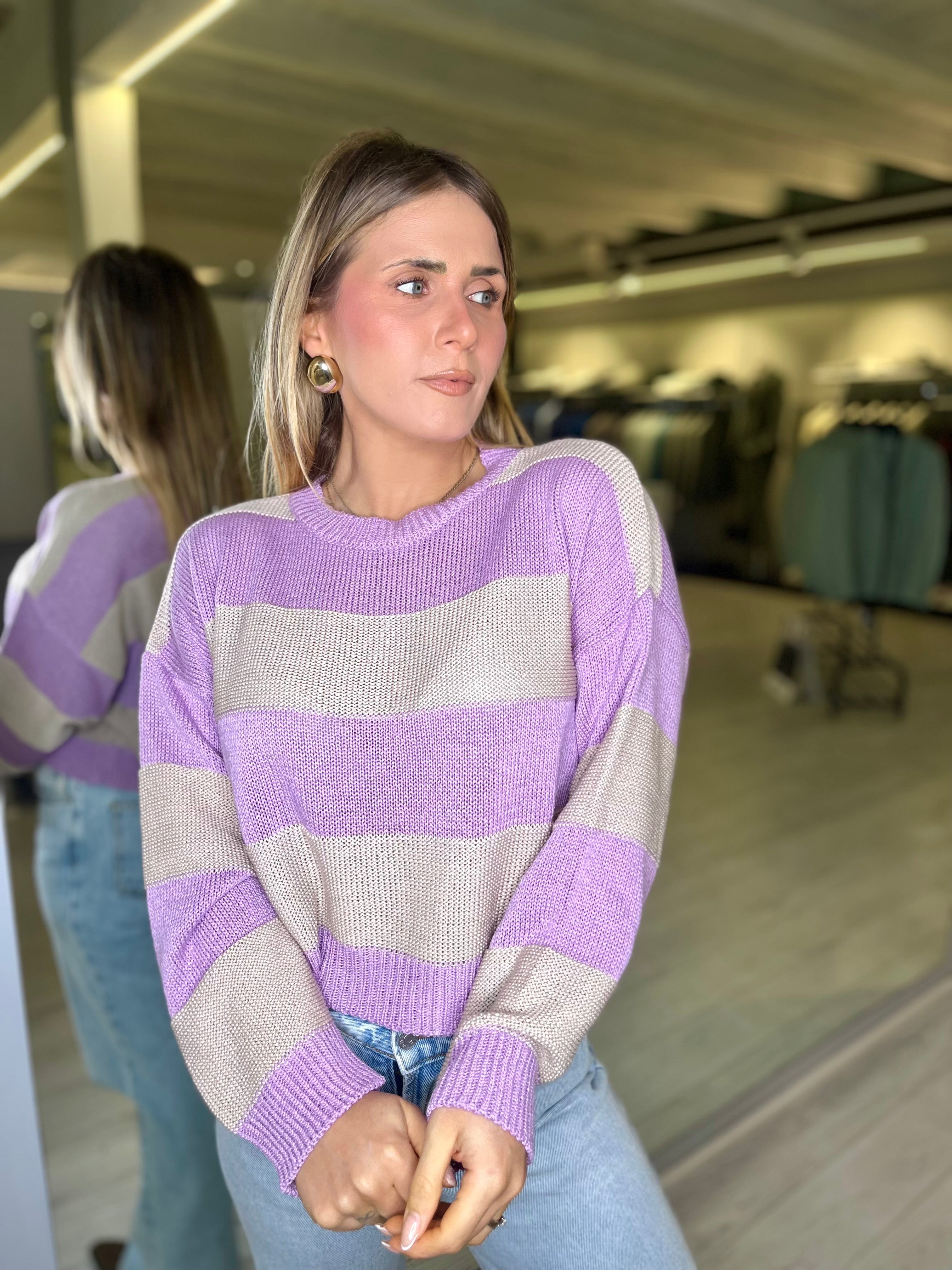 Maglia a righe lilla e beige