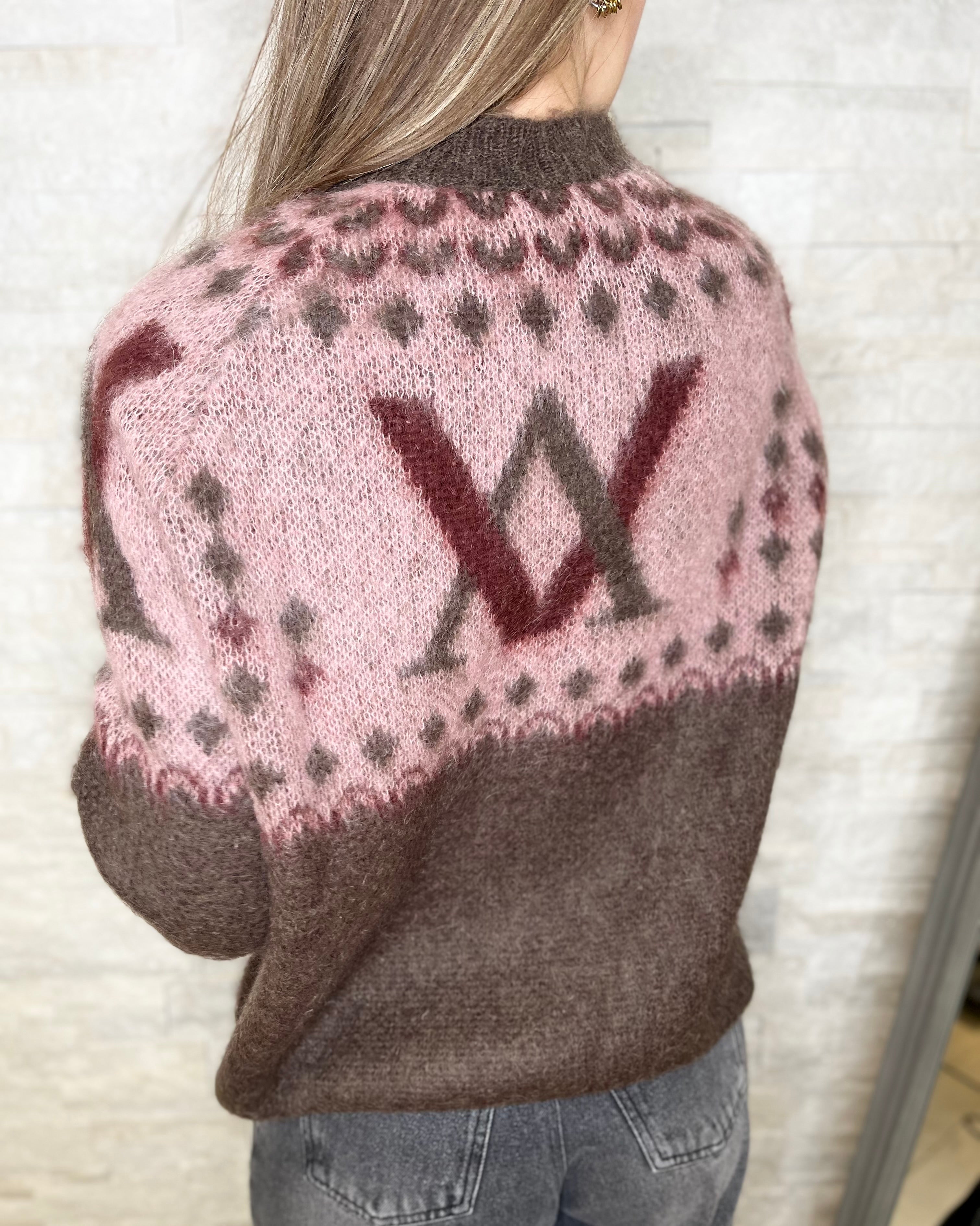 Maglia girocollo con stampa rosa, moro e bordeaux