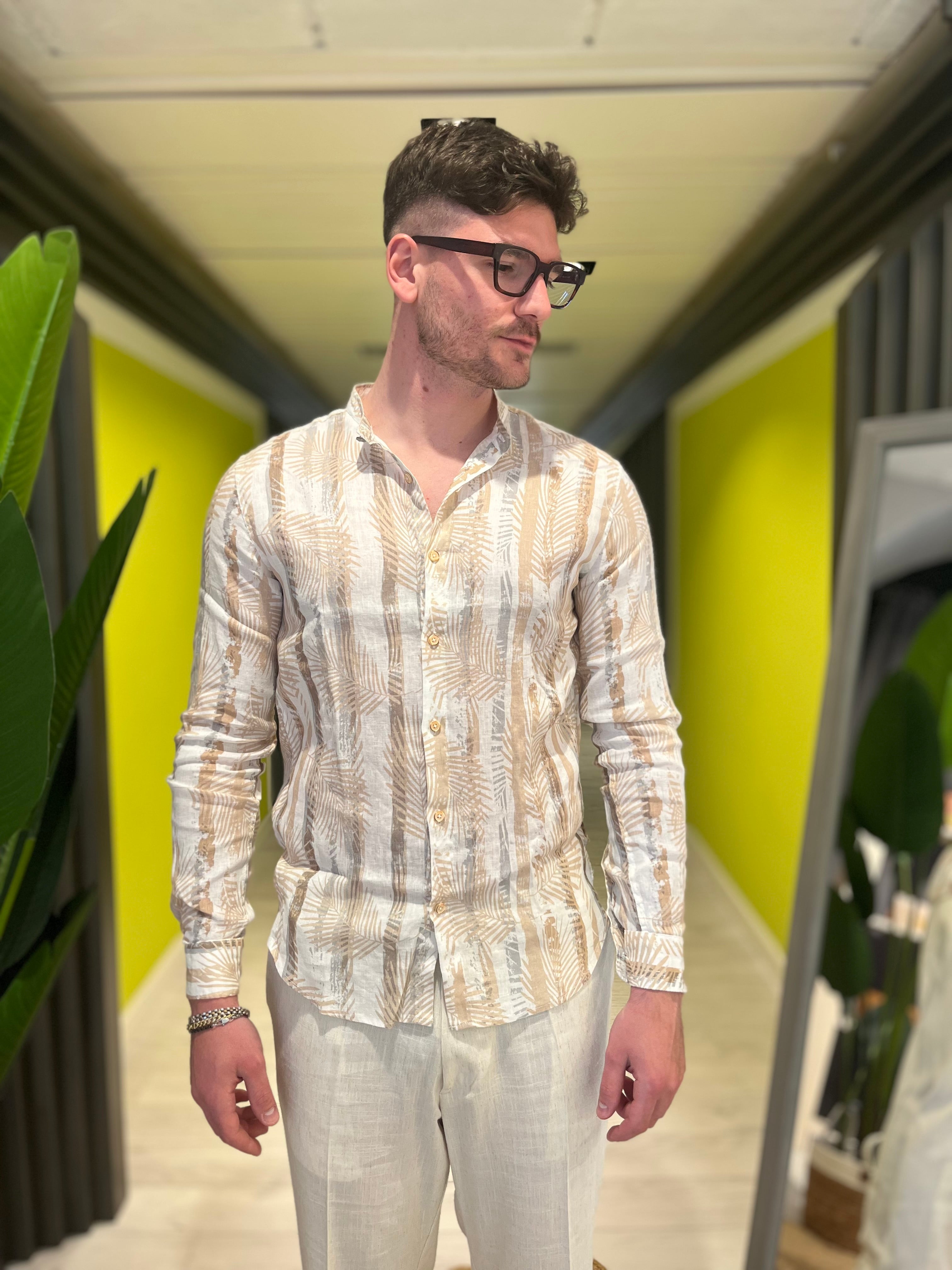 Camicia coreana in lino con stampa