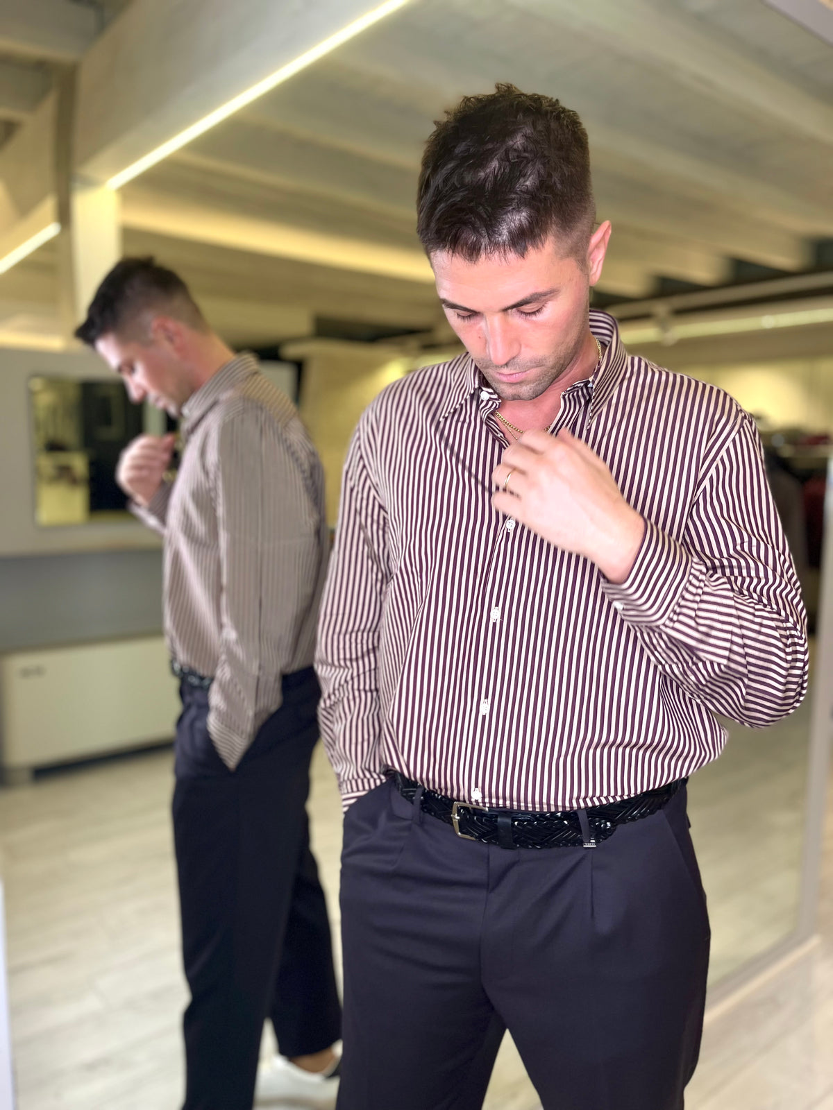 Camicia rigata bordeaux e beige