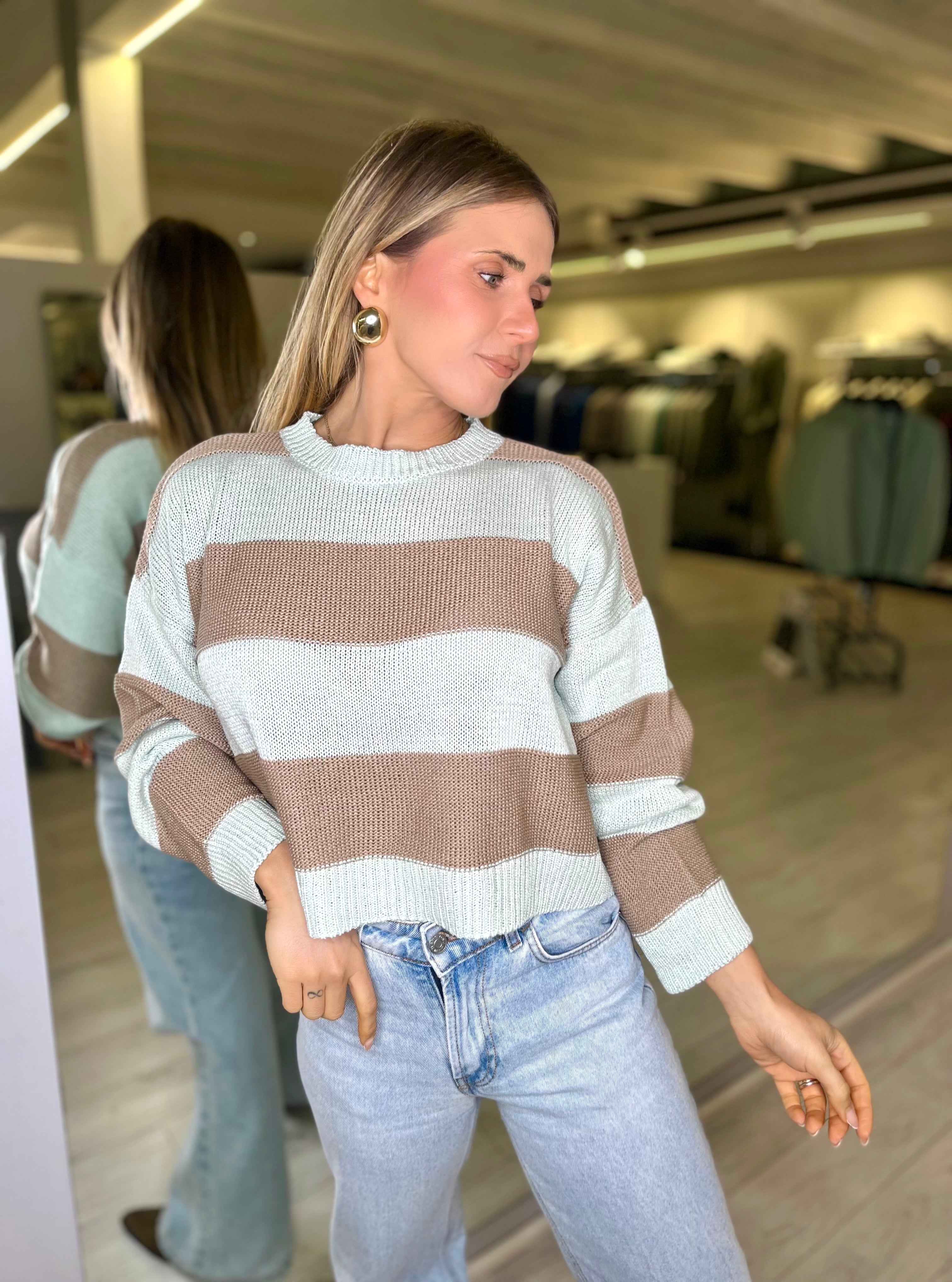 Maglia a righe azzurra e nocciola