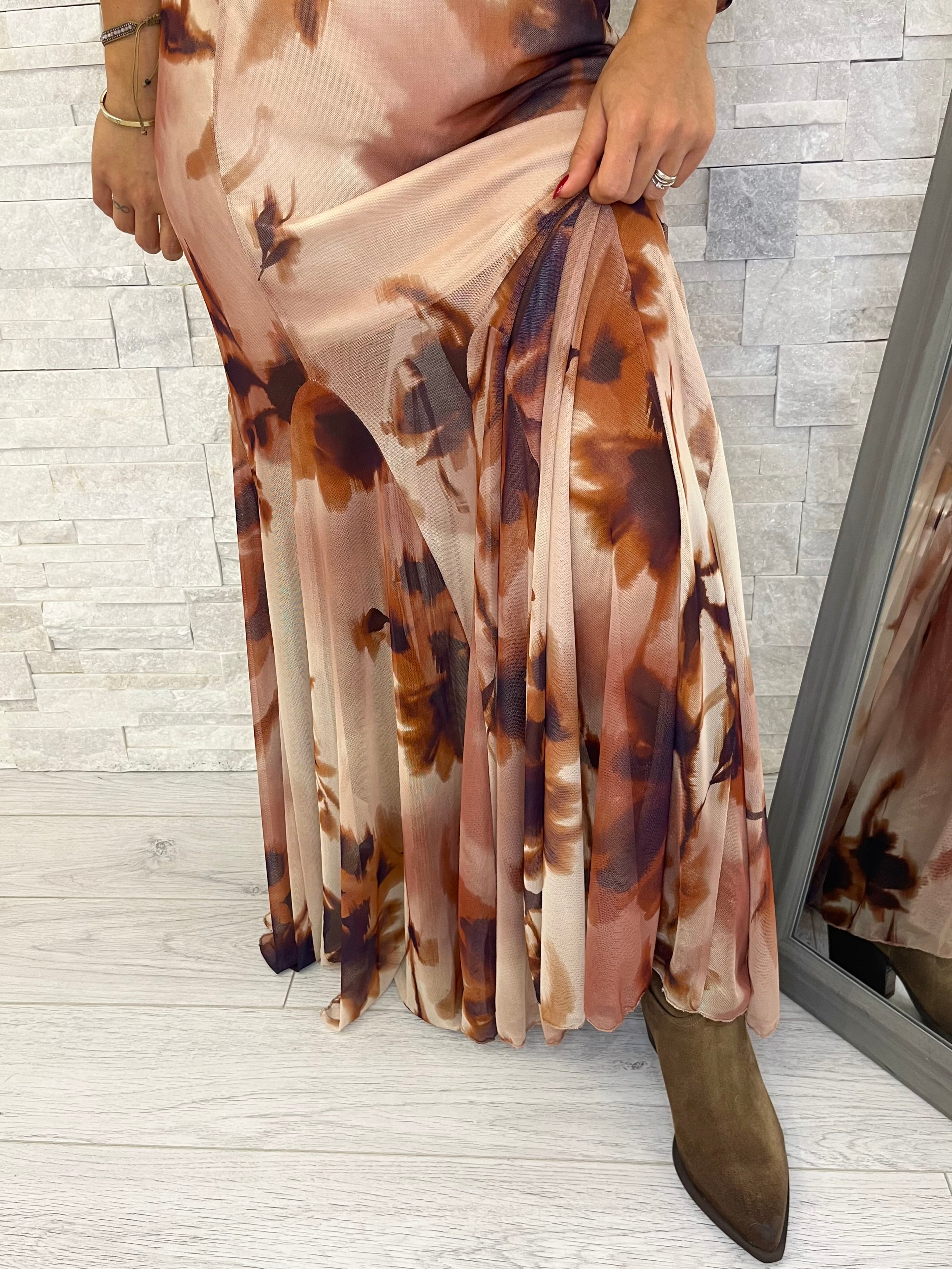 Gonna fantasia fiorata tulle e balze