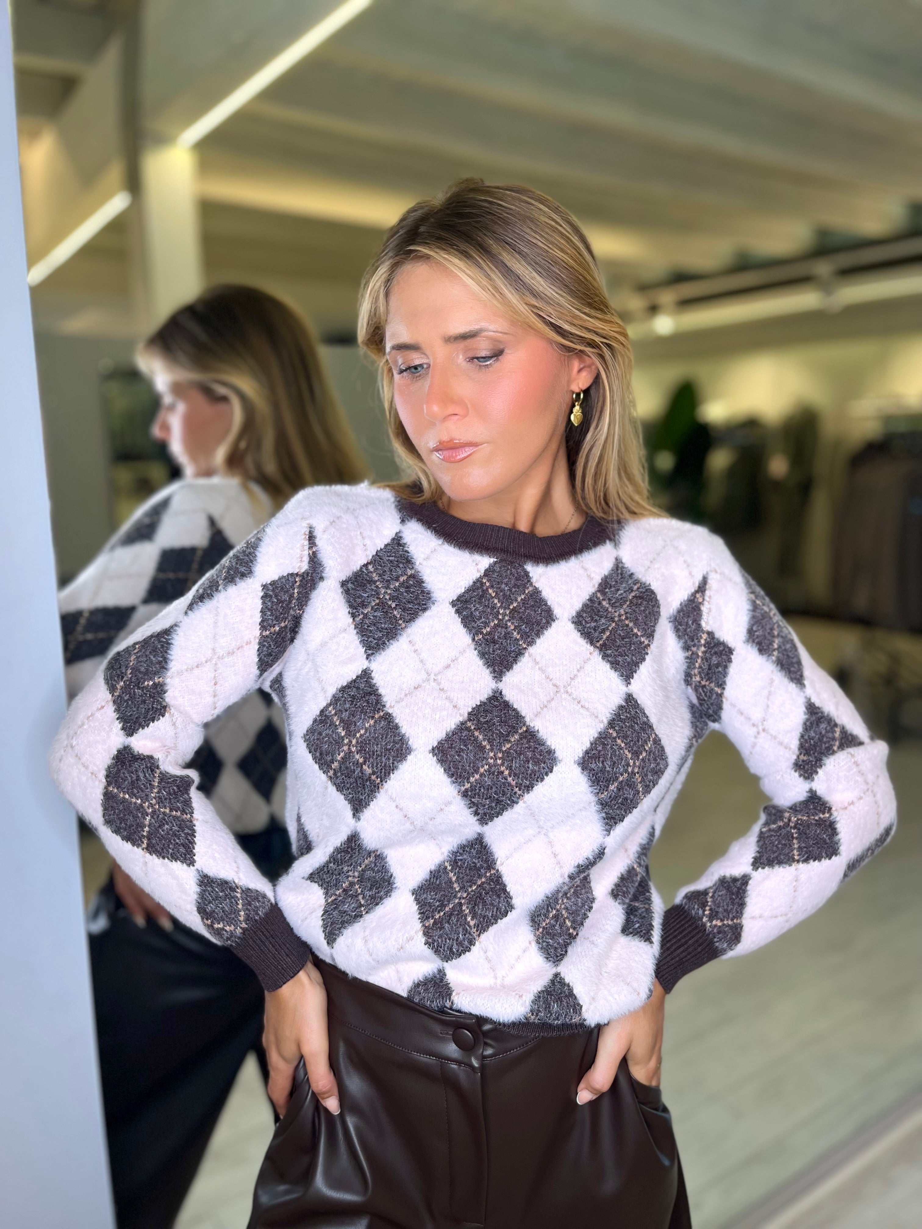 Maglia girocollo stampa rombi effetto pelo