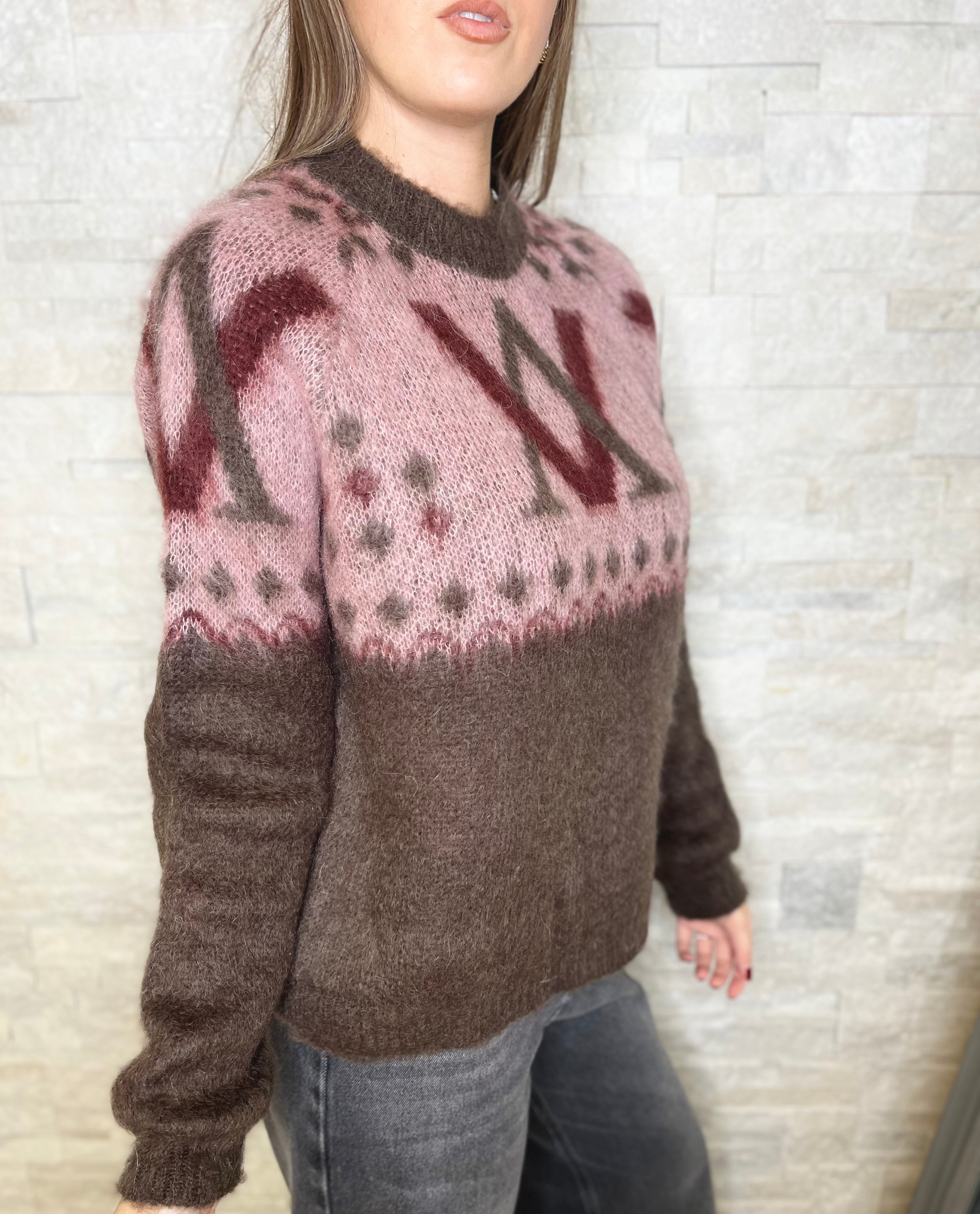 Maglia girocollo con stampa rosa, moro e bordeaux