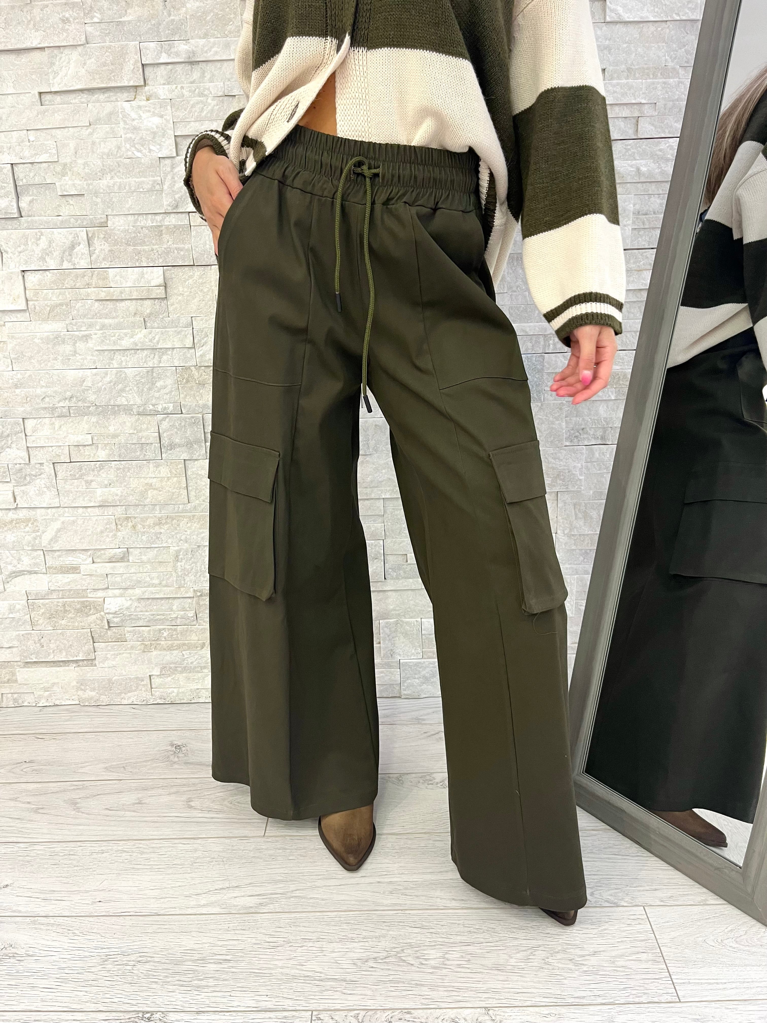 Pantaloni cargo gamba ampia militare