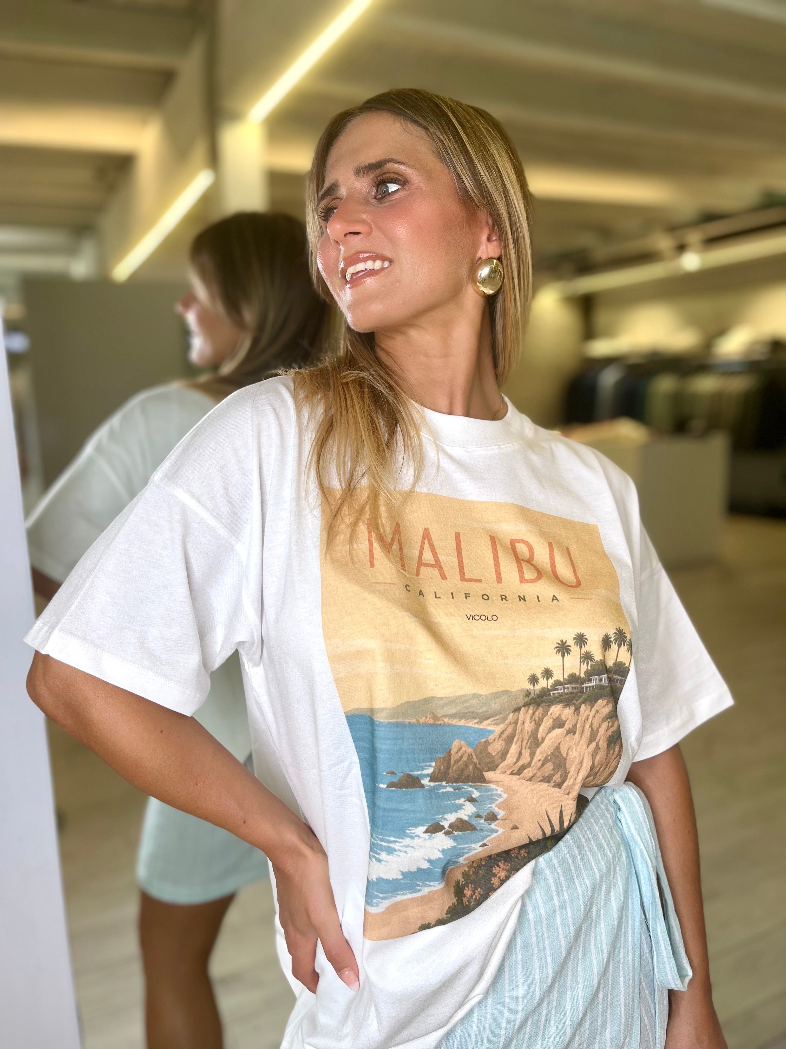 T-shirt bianca con stampa malibù california