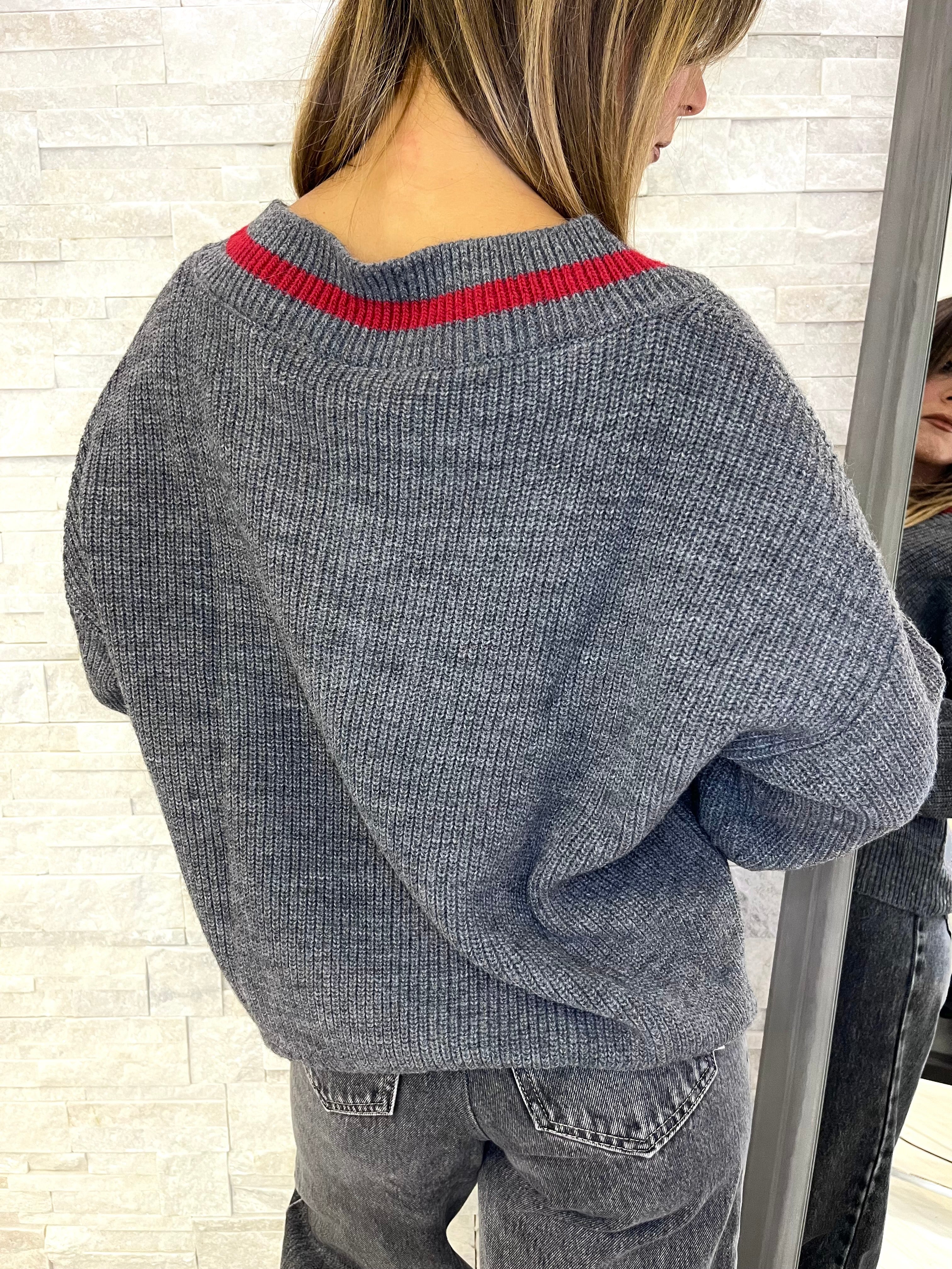 Maglia scollo a V antracite/rosso