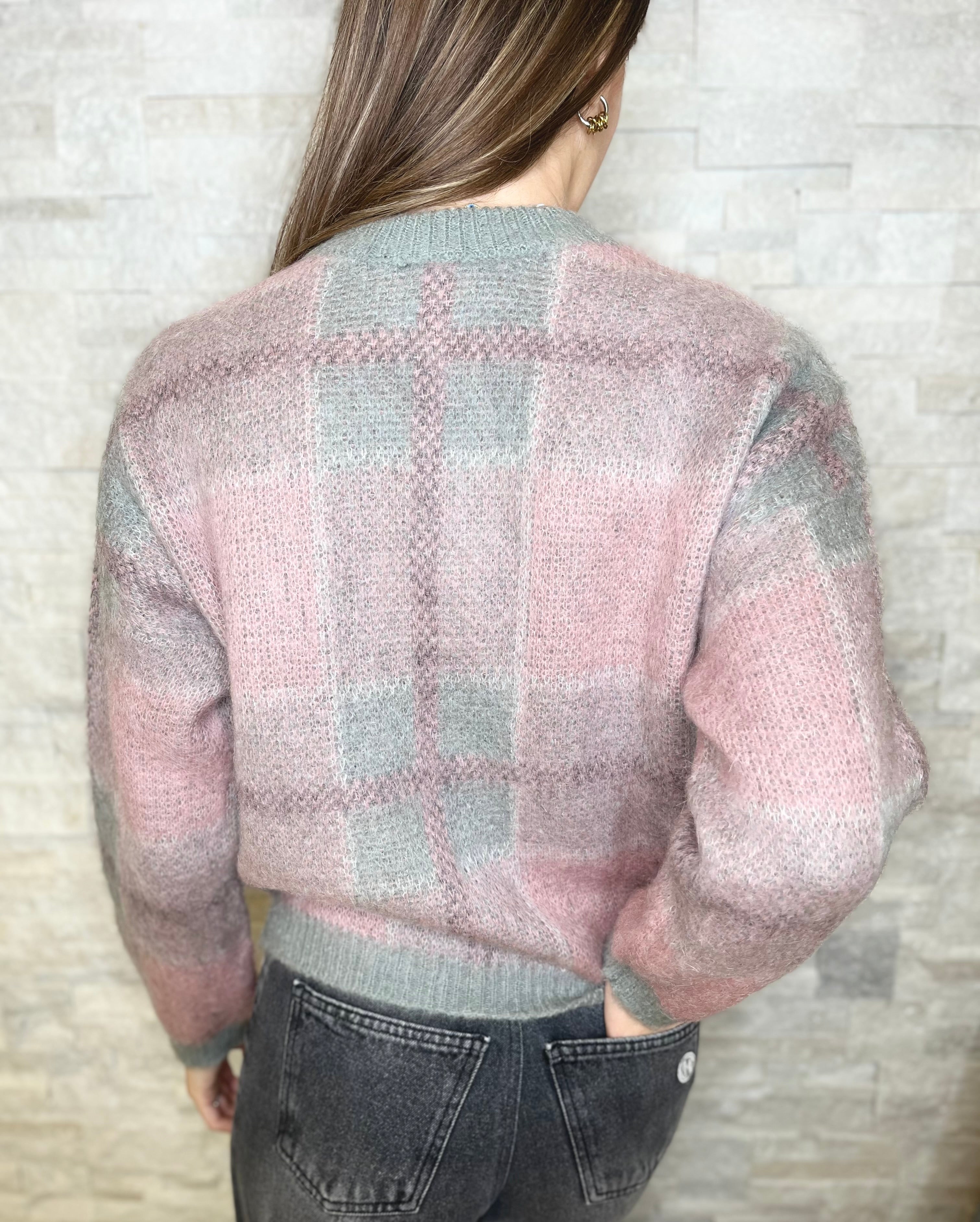 Maglia girocollo a quadri rosa e grigio