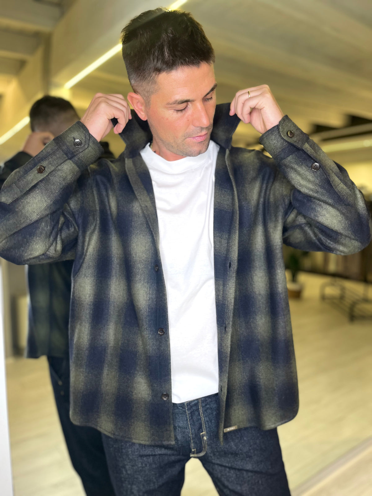 Camicia check verde army e blu navy