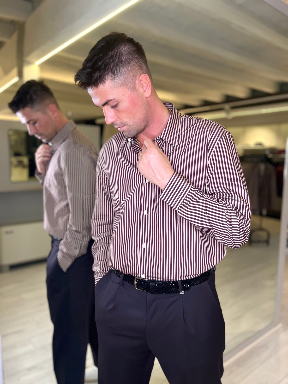 Camicia rigata bordeaux e beige