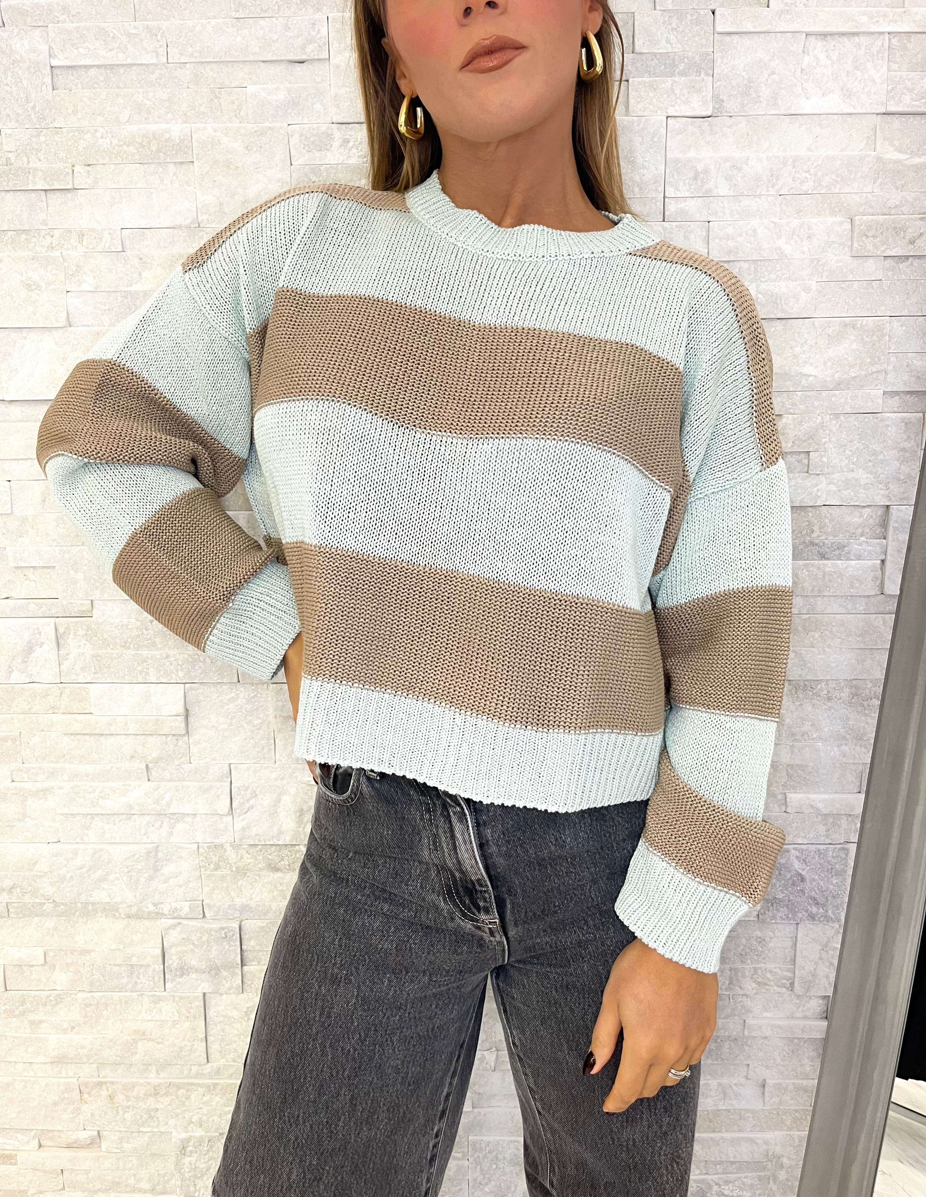Maglia rigata azzurra e nocciola