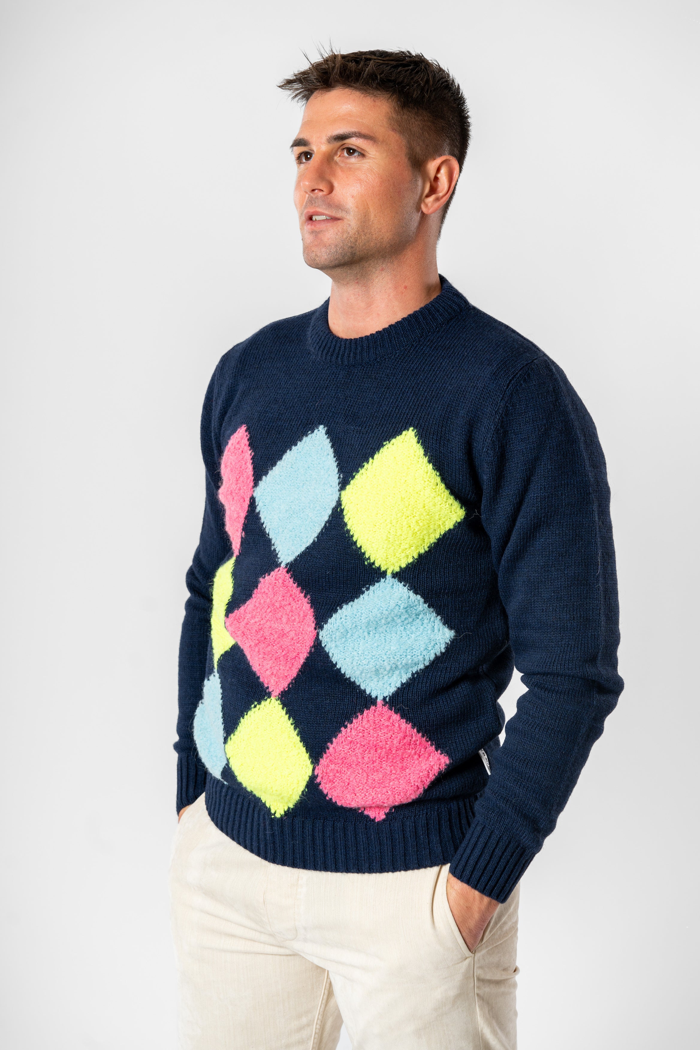 Maglia girocollo rombi blu