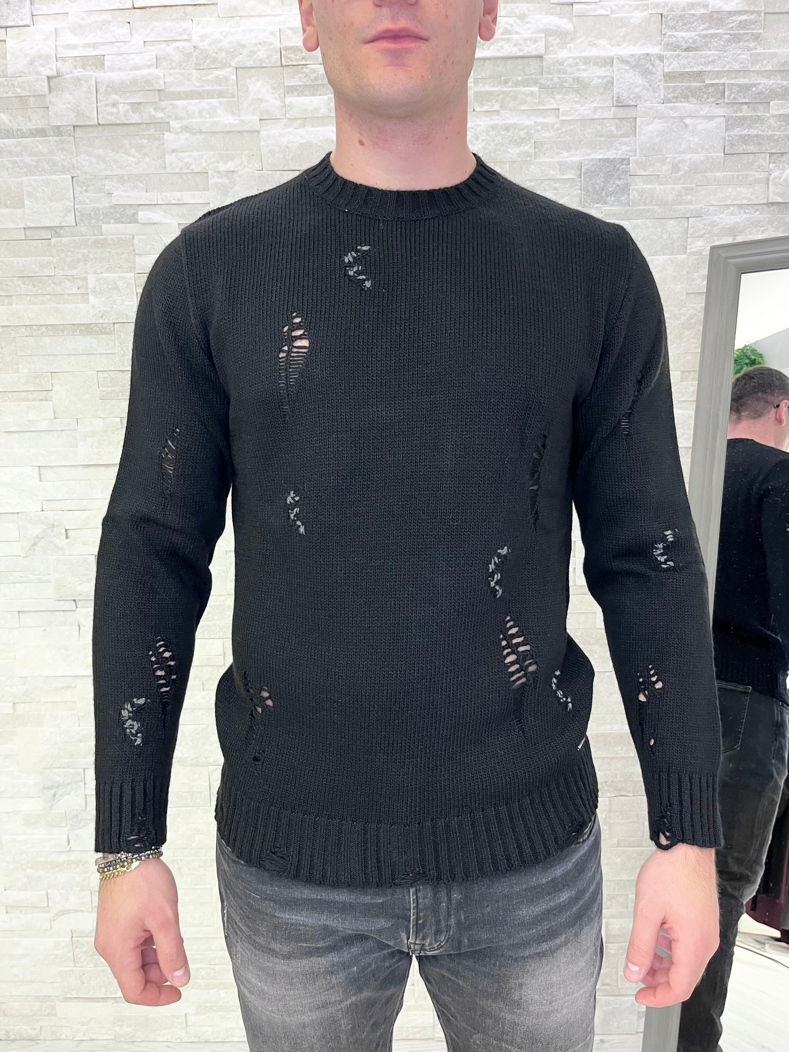 Maglia girocollo effetto rovinato in misto lana