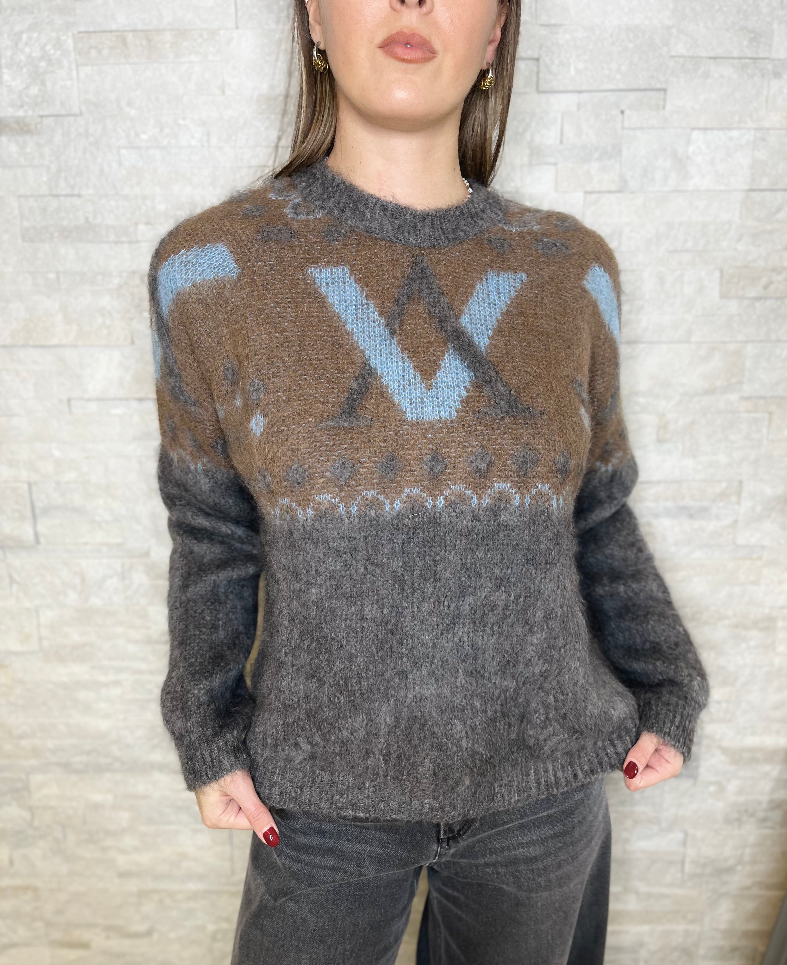 Maglia girocollo con stampa azzurro, moro e grigio