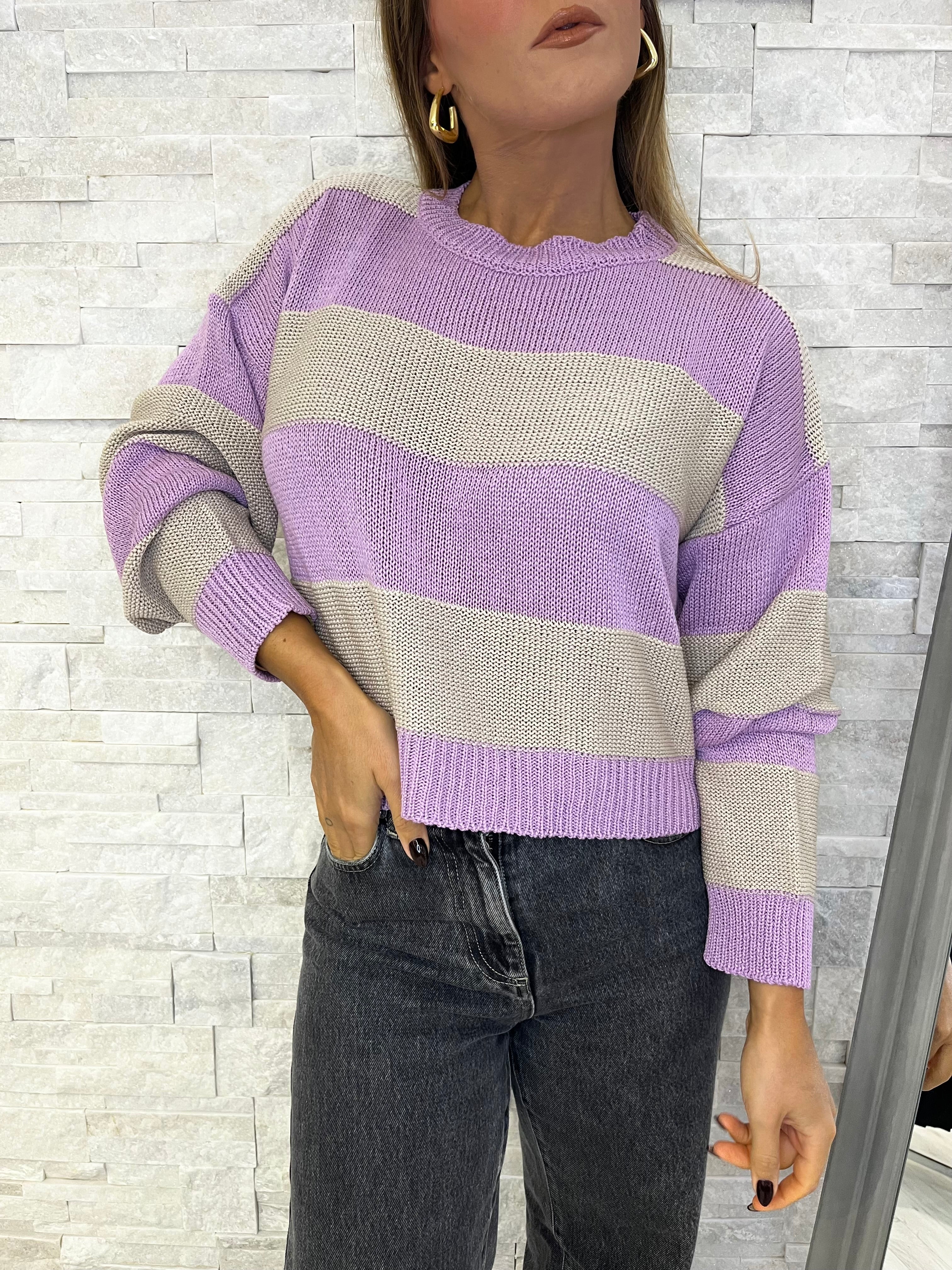 Maglia rigata lilla e beige