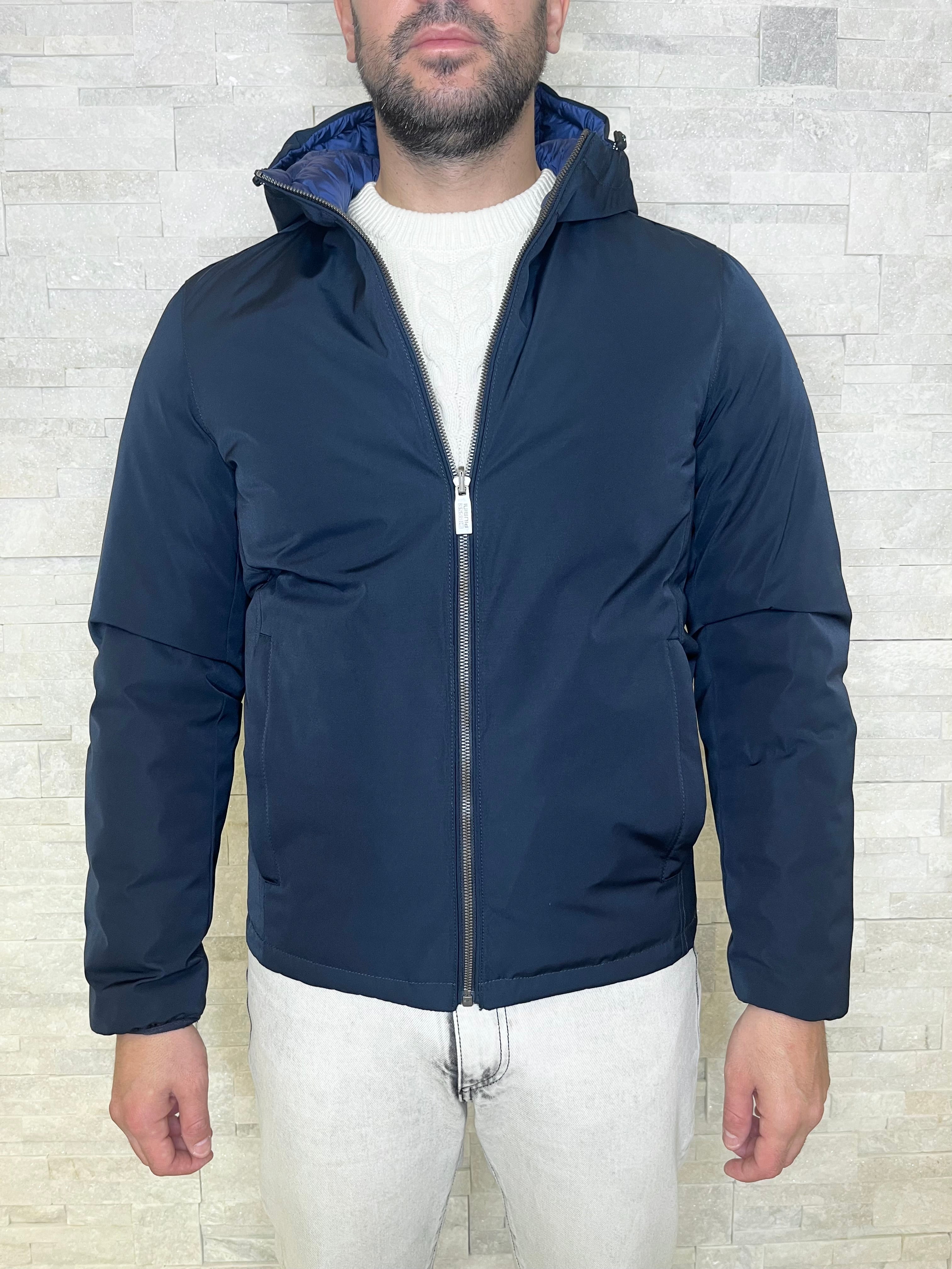 Piumino reversibile blu con cappuccio
