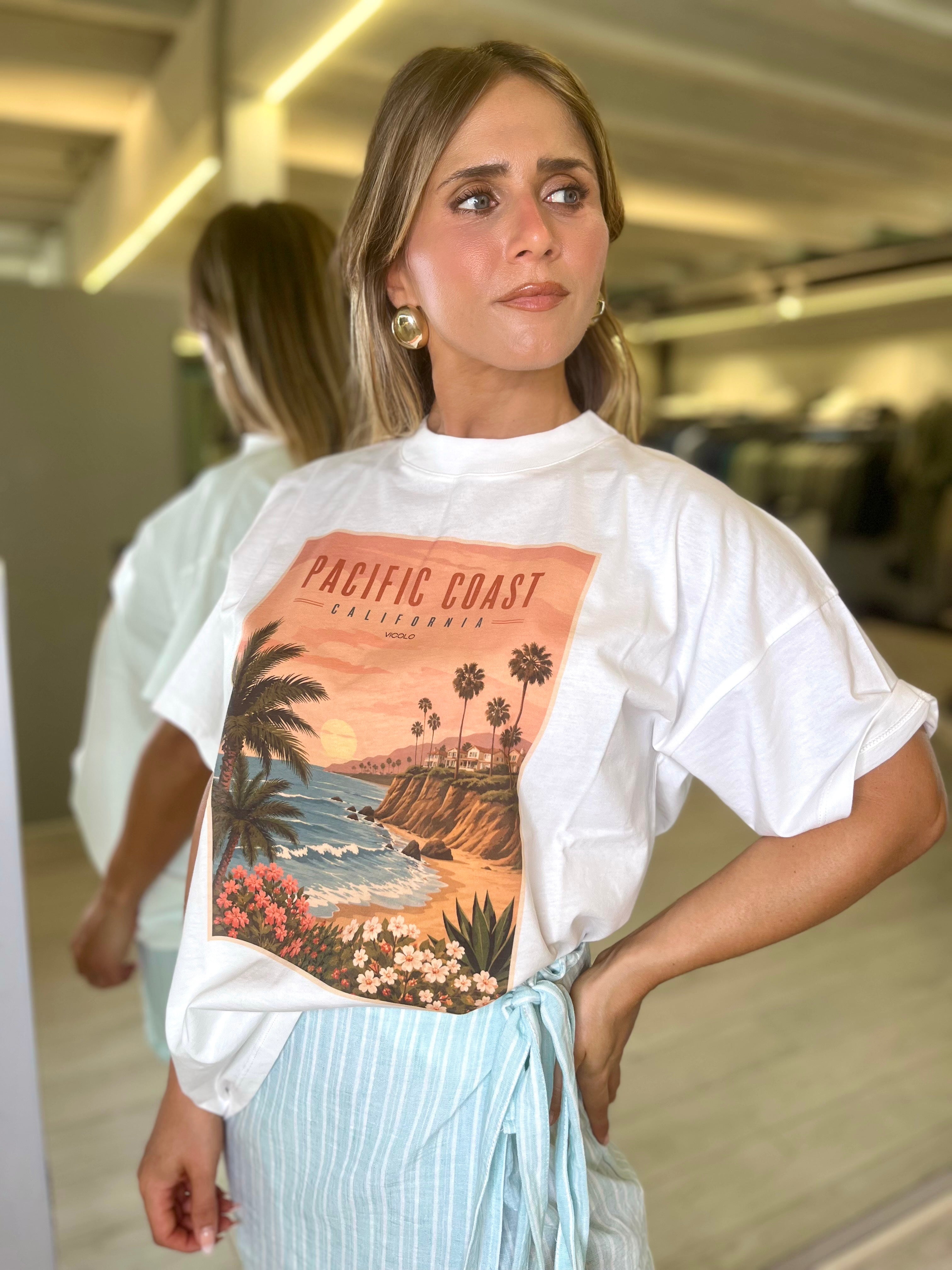 T-shirt bianca con stampa pacific coast california