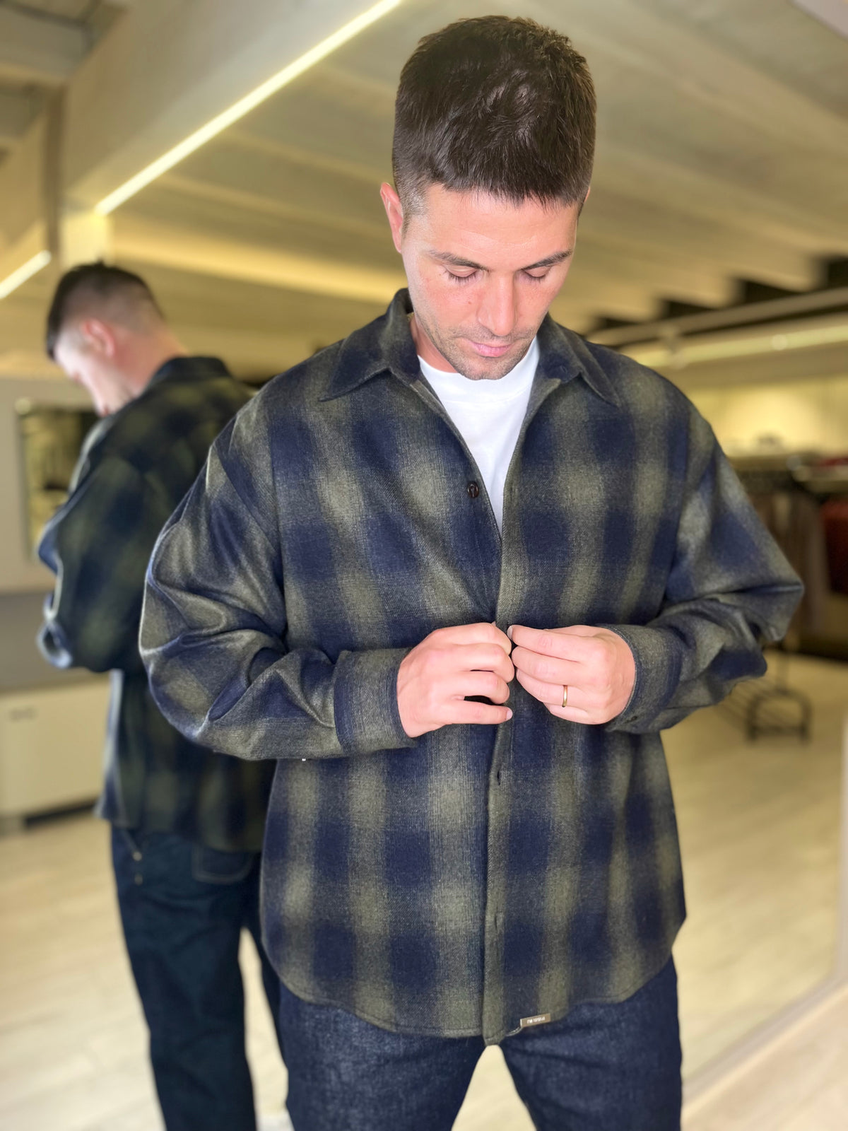 Camicia check verde army e blu navy