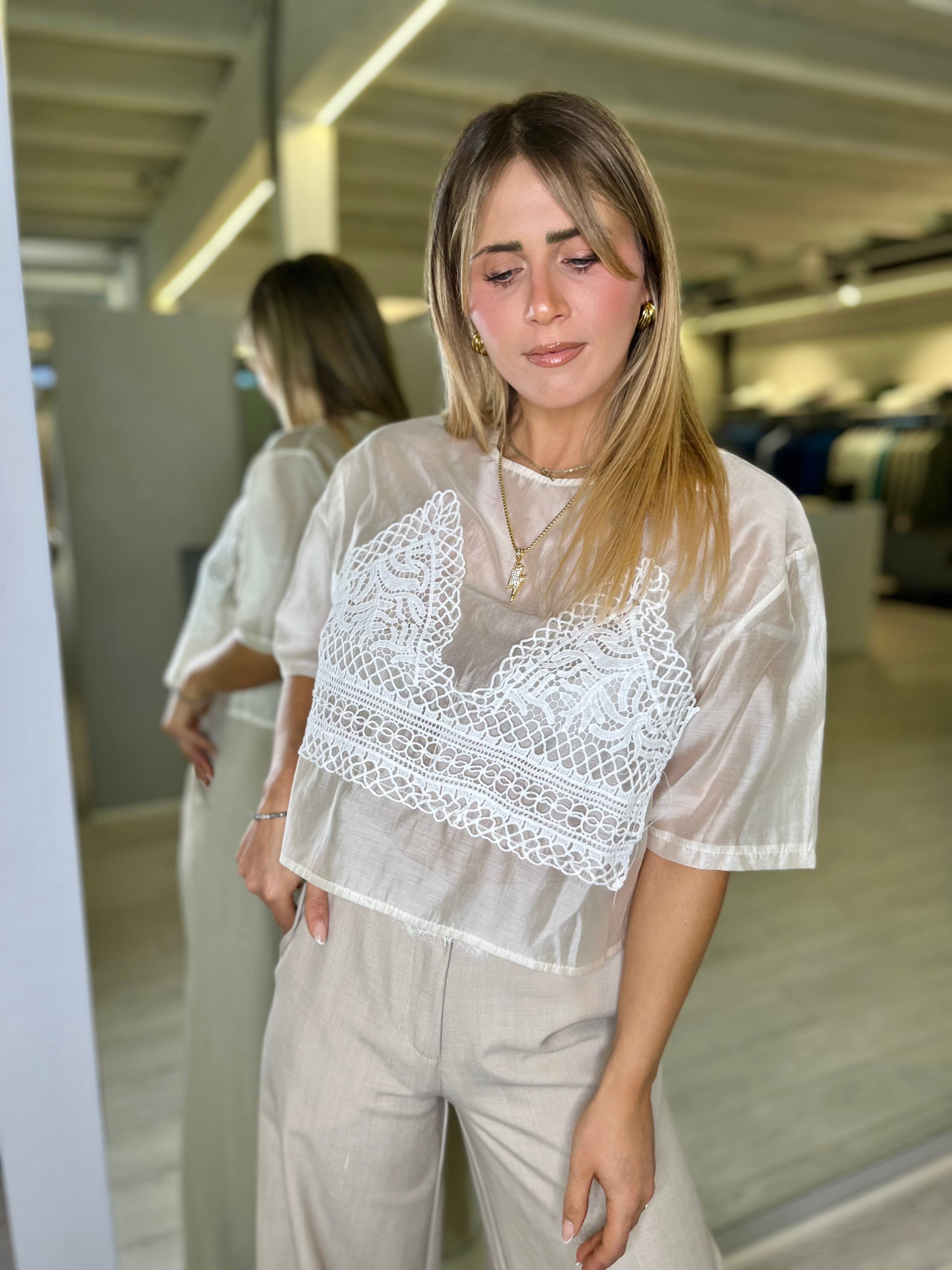 T-shirt mezza manica con pizzo