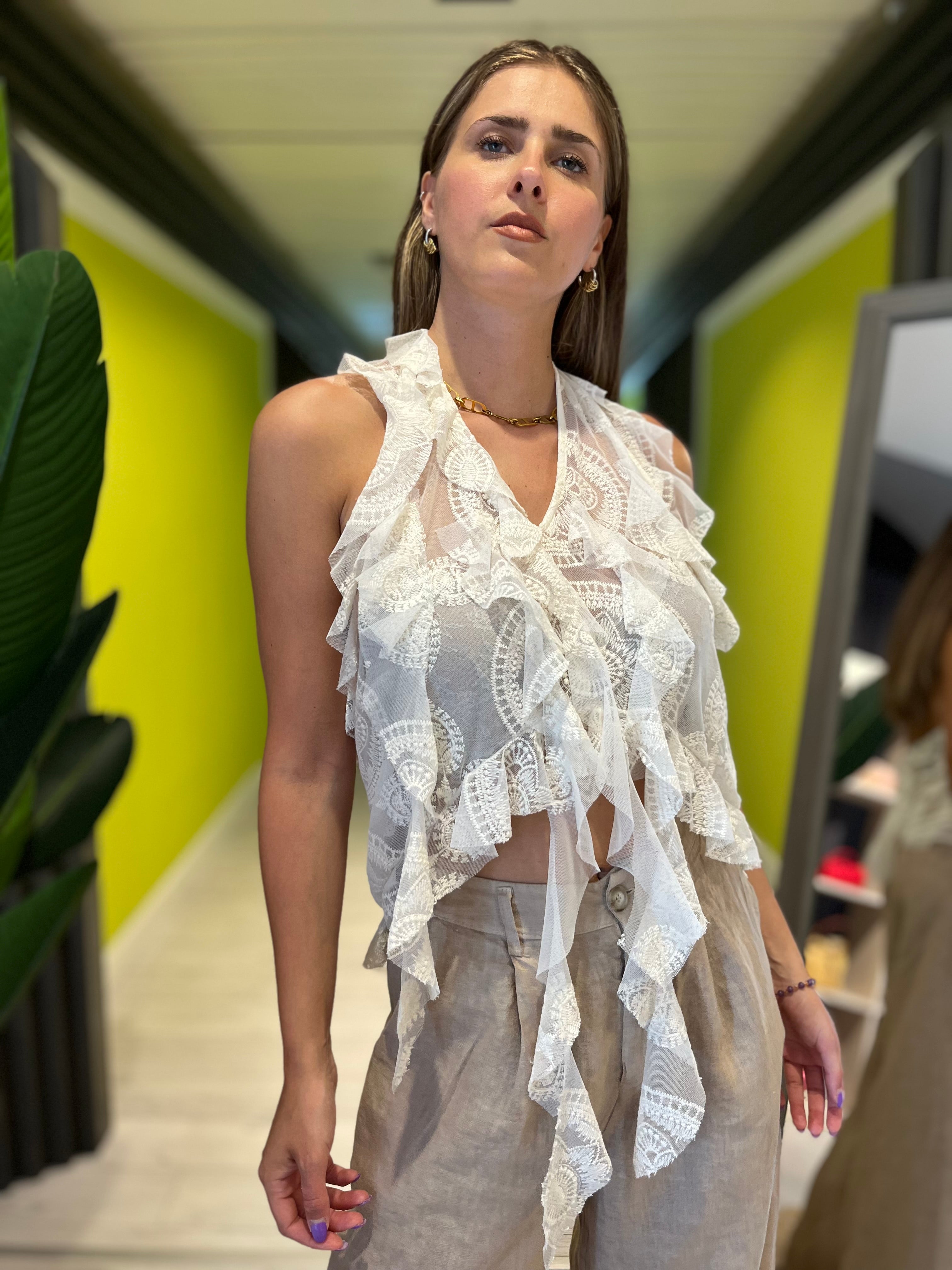 Top burro in tulle con rouches