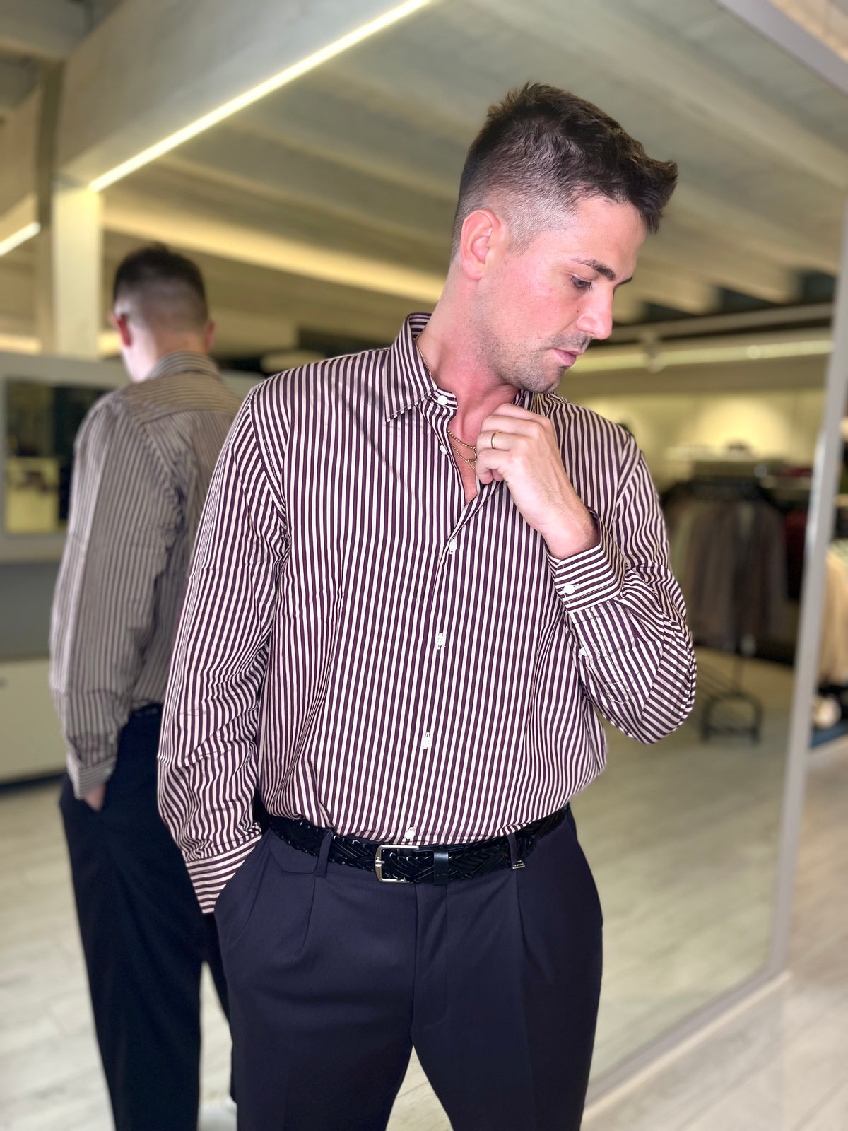 Camicia rigata bordeaux e beige
