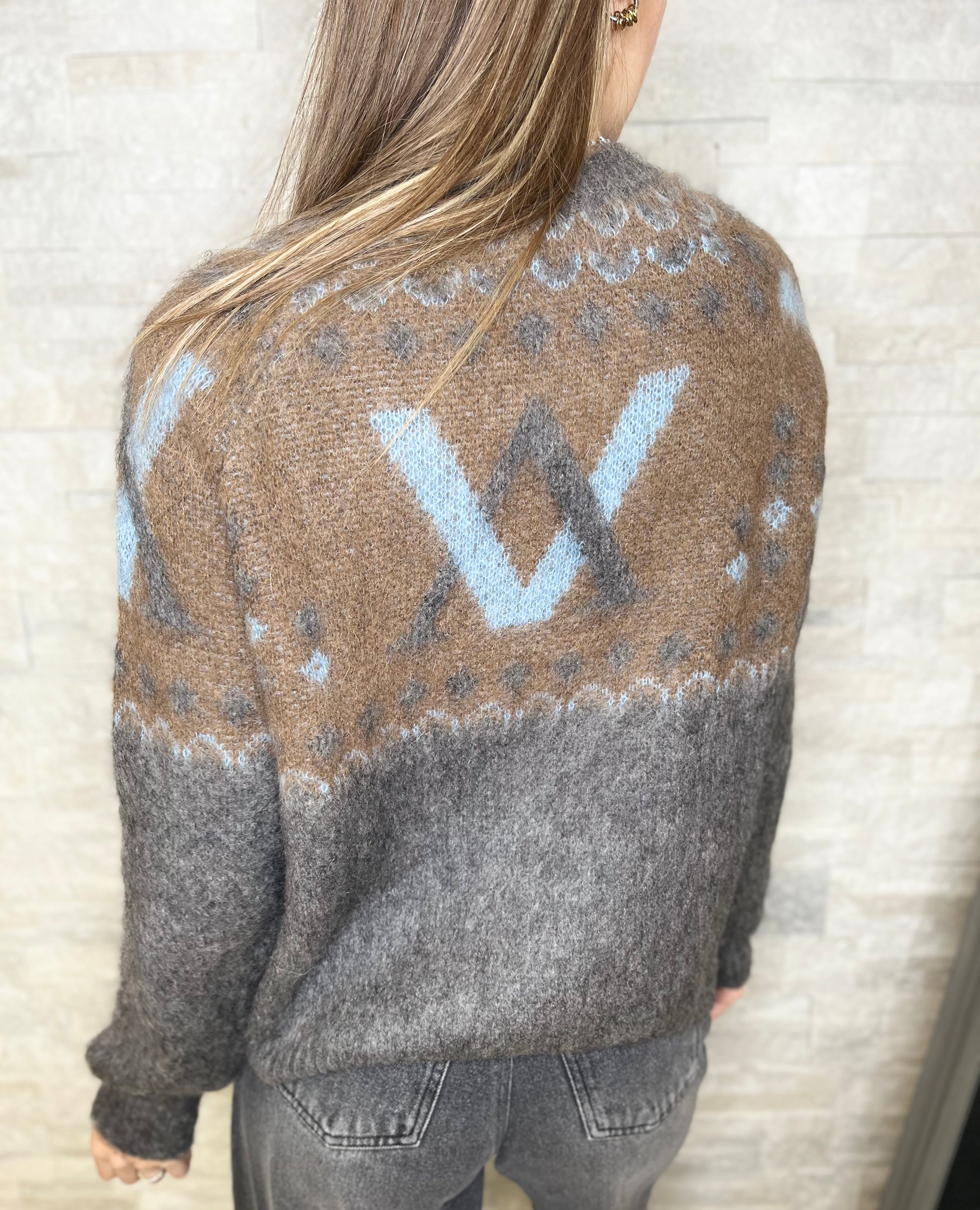 Maglia girocollo con stampa azzurro, moro e grigio