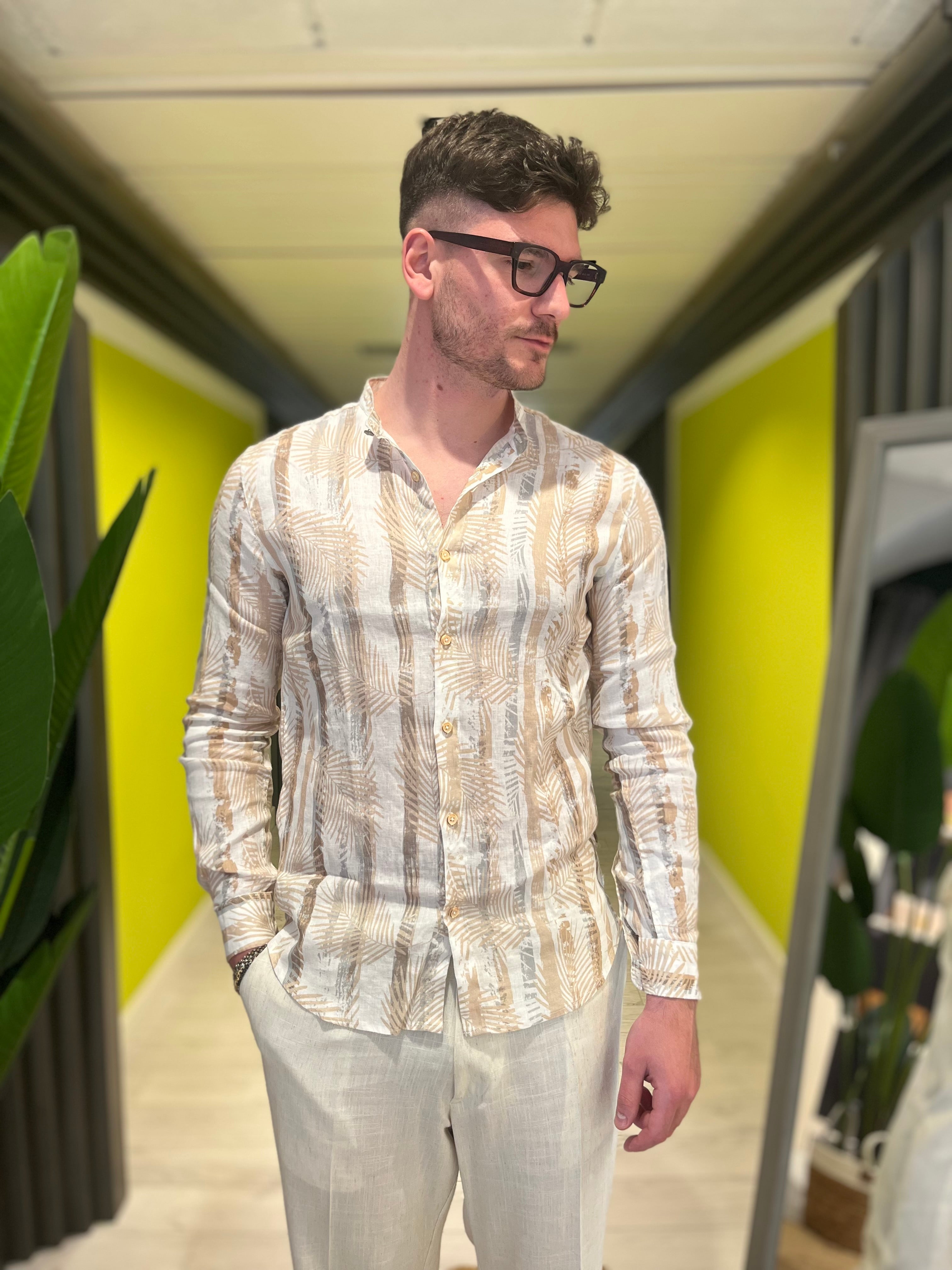 Camicia coreana in lino con stampa