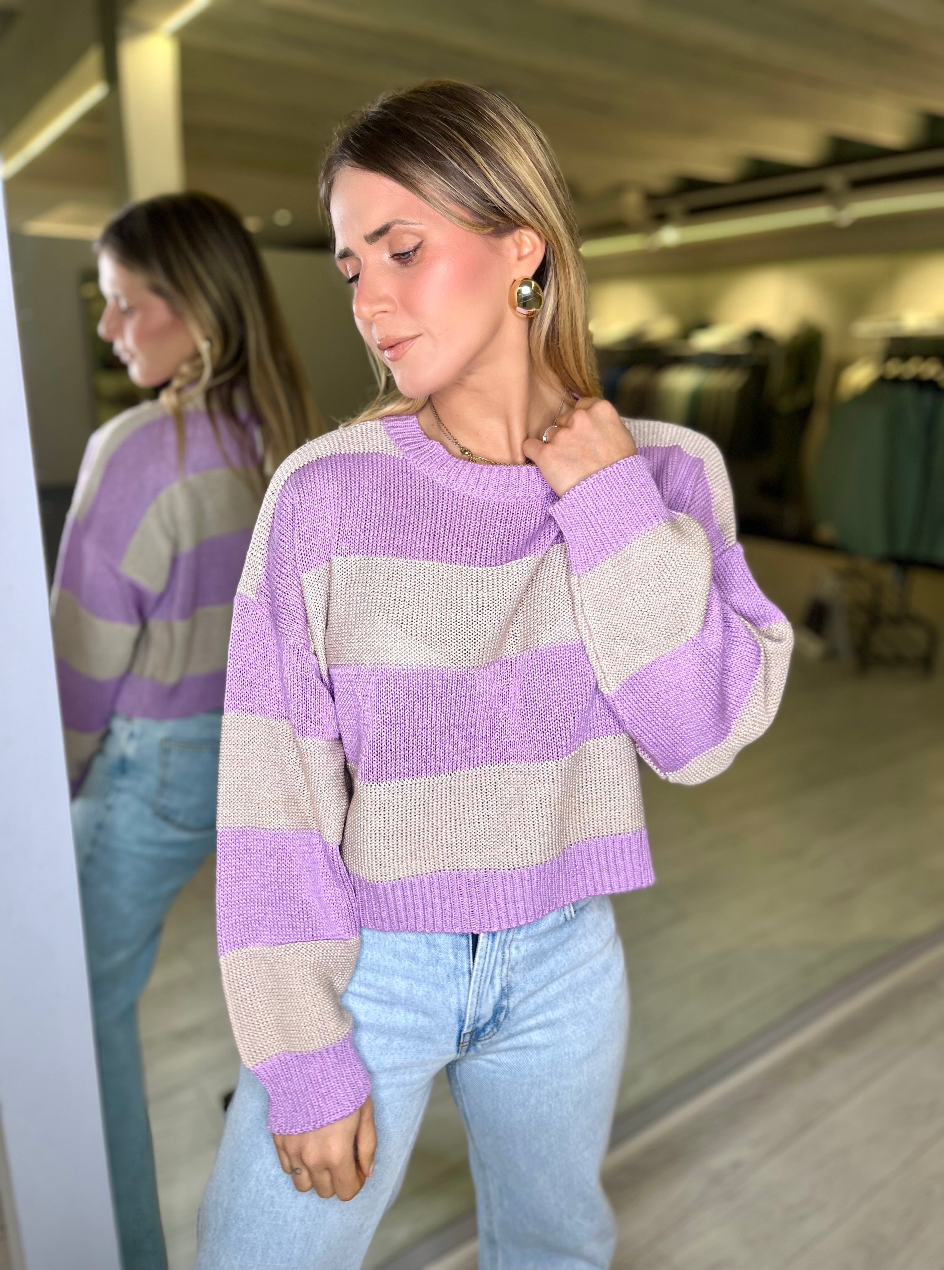 Maglia a righe lilla e beige