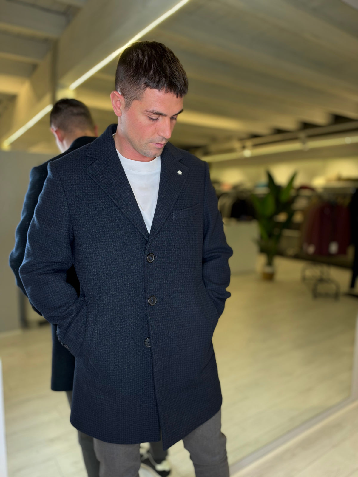 Cappotto blu stampa pied de poule