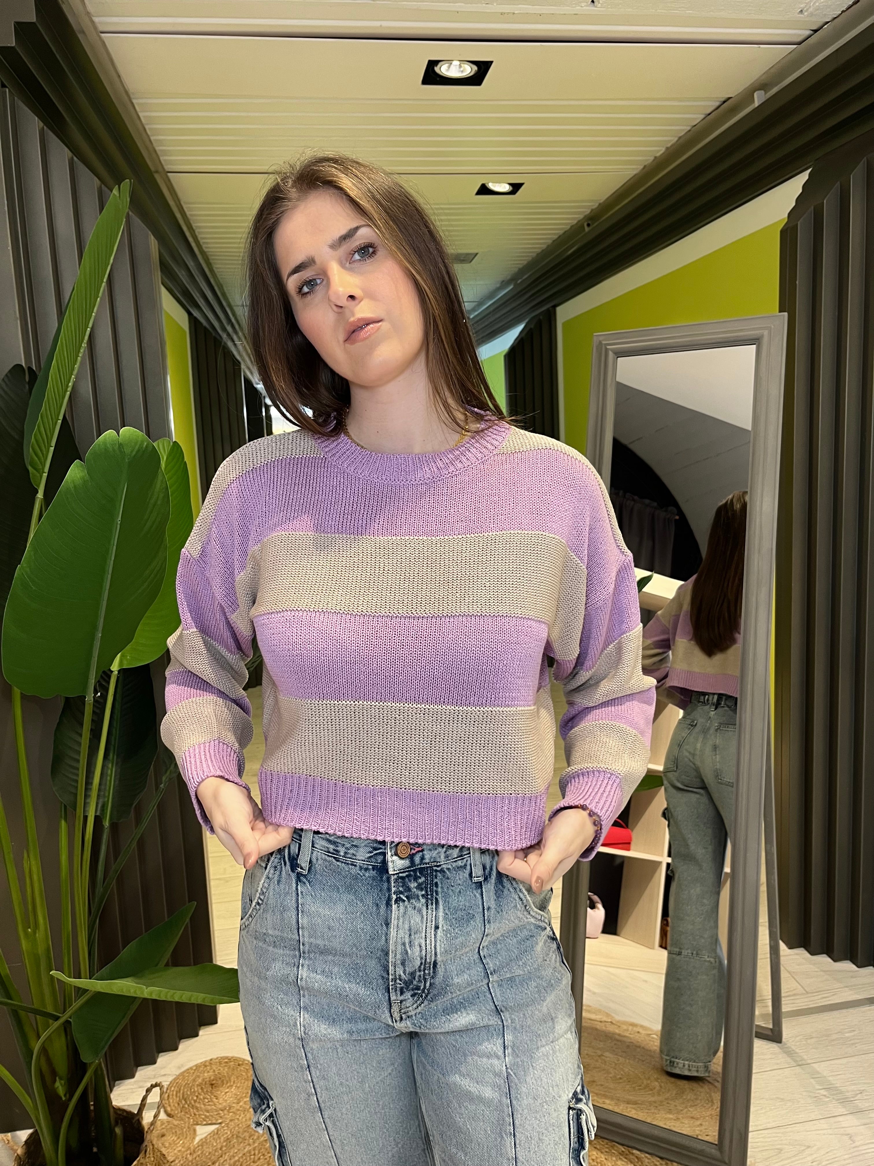 Maglia rigata rosa e beige