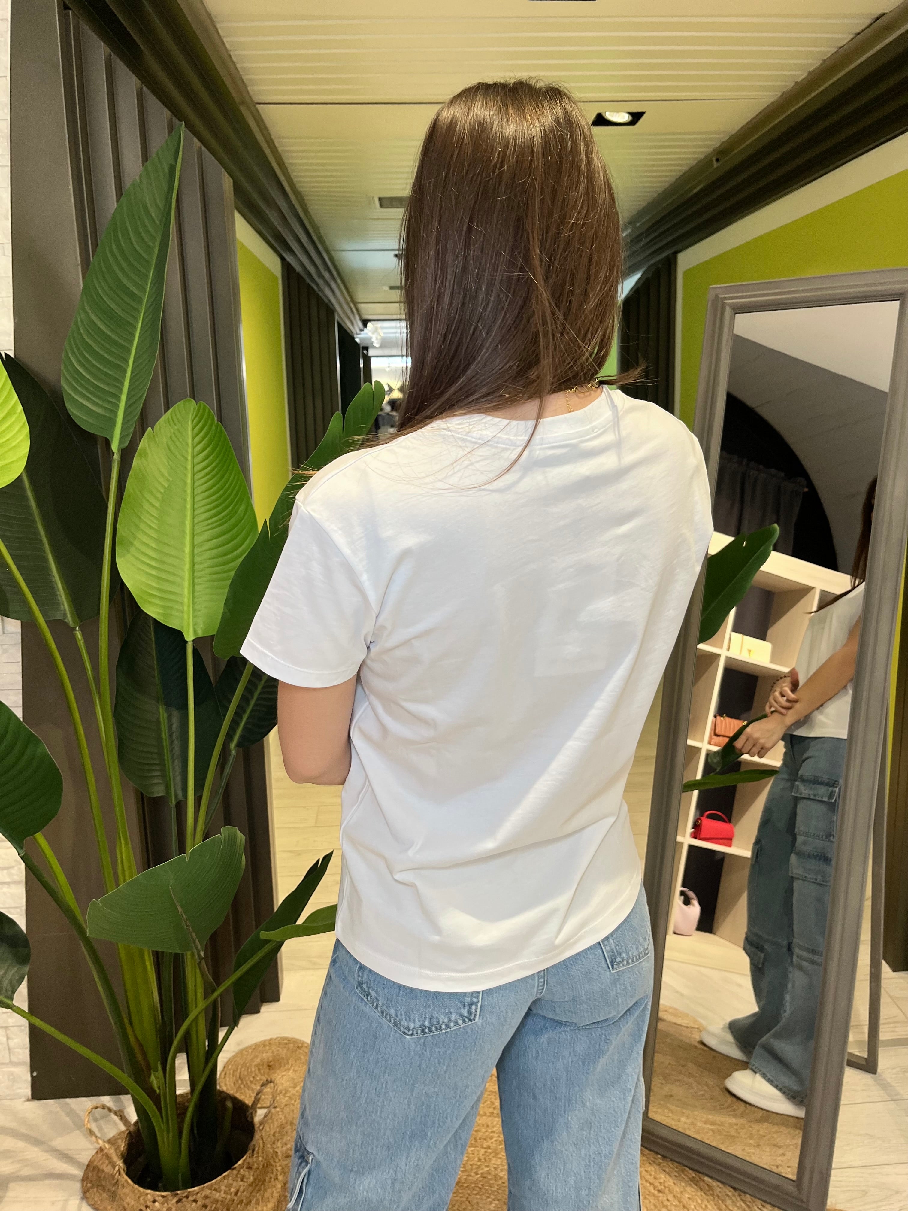 T-shirt basic bianca ricamo "calmati proprio"